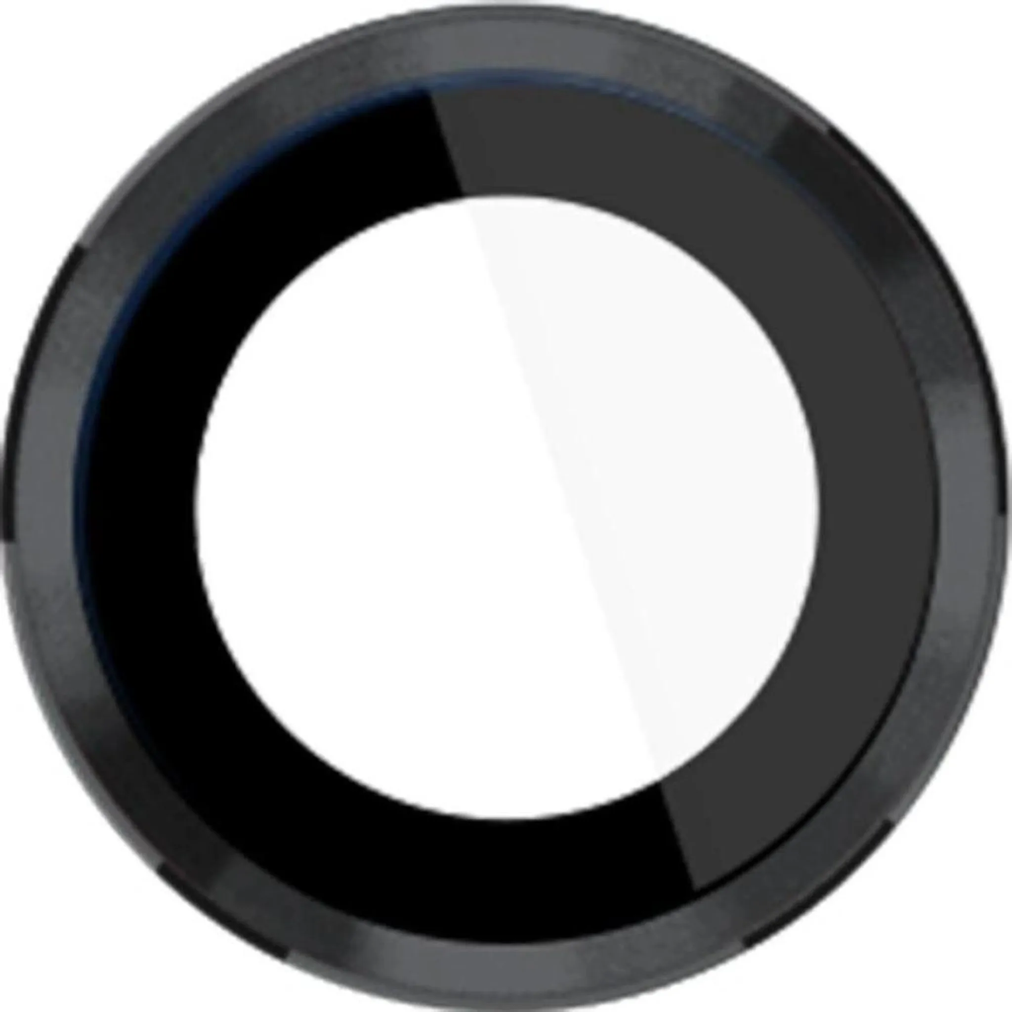 Primo piano di una protezione per obiettivo fotografico circolare nera con finitura lucida e vetro centrale.