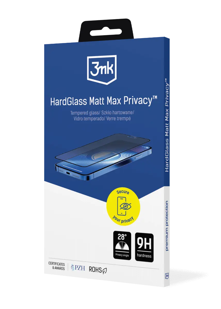 Confezione blu per pellicola 3mk HardGlass Matt Max Privacy con smartphone e icone.