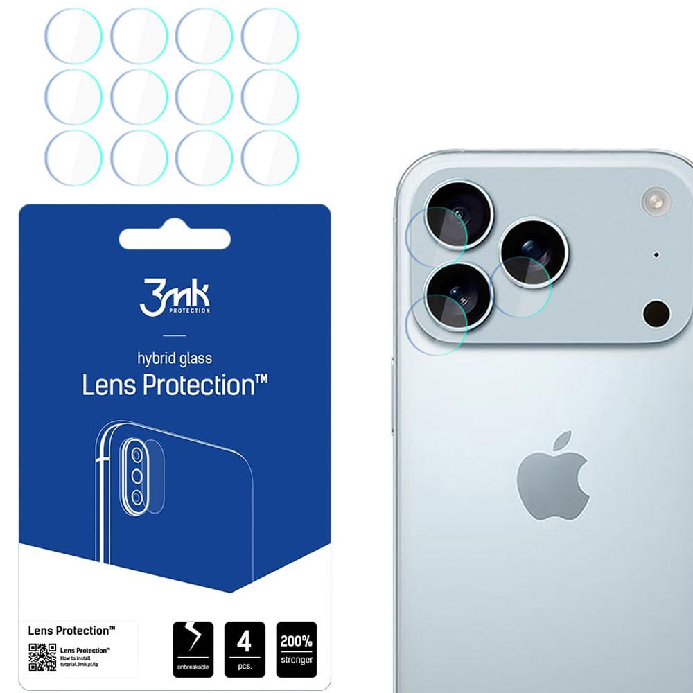 Confezione e protezioni in vetro per obiettivi iPhone di 3mk Protection.
