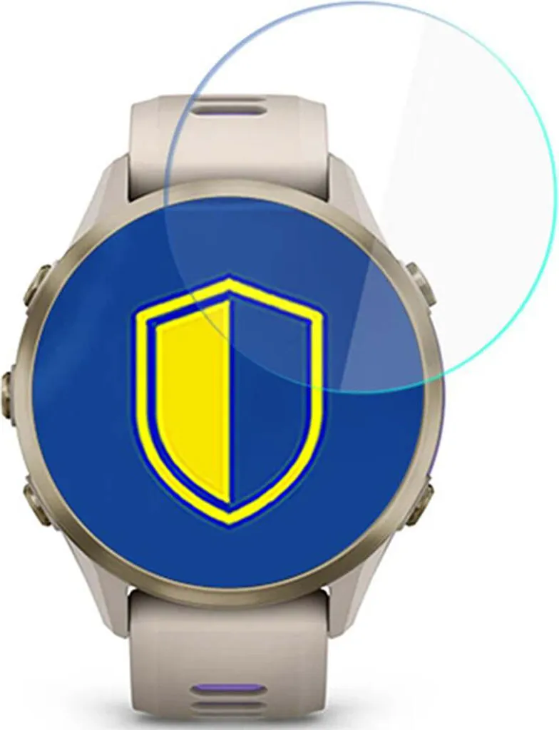Uno smartwatch con una pellicola protettiva circolare e l'icona di uno scudo sullo schermo blu.