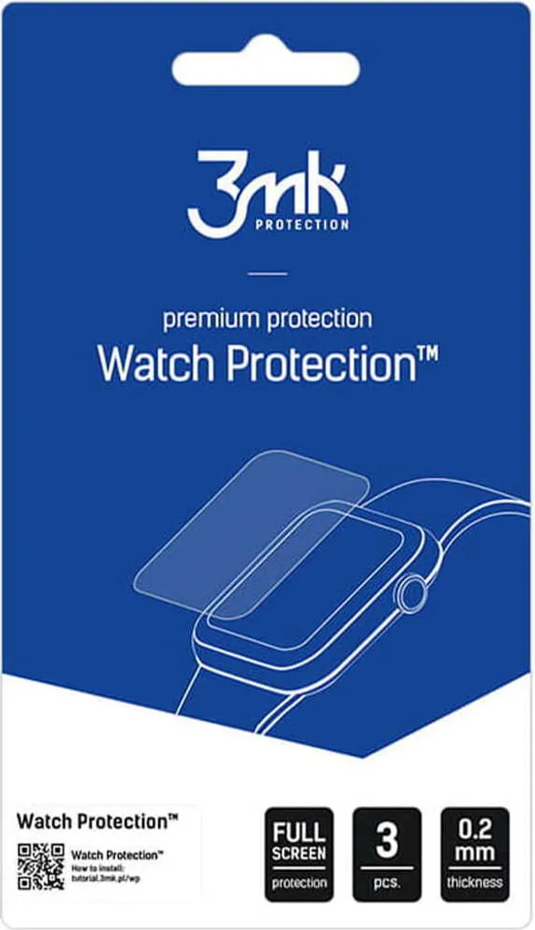 Confezione blu 3mk Watch Protection con grafica smartwatch, testo e icone per 3 pezzi e 0,2 mm di spessore.