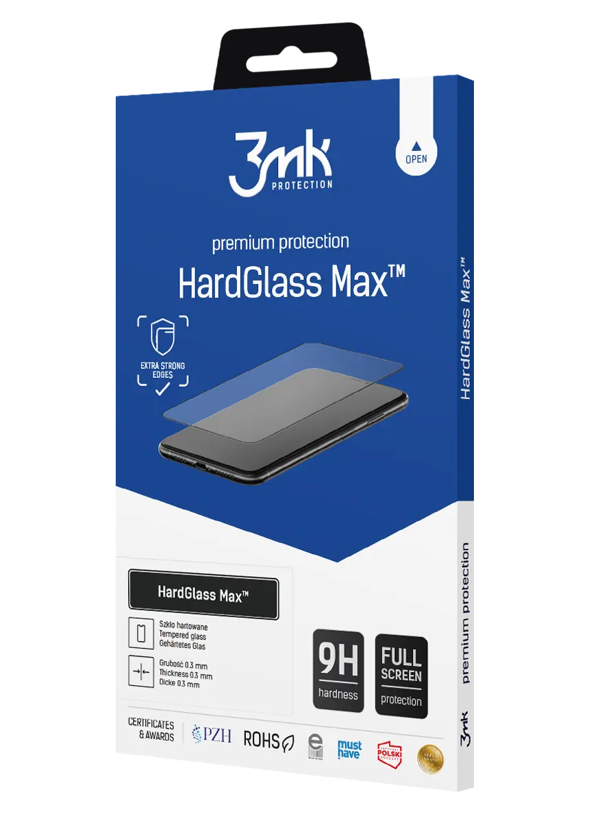 Confezione per protezione schermo per smartphone in vetro temperato HardGlass Max in blu e bianco.