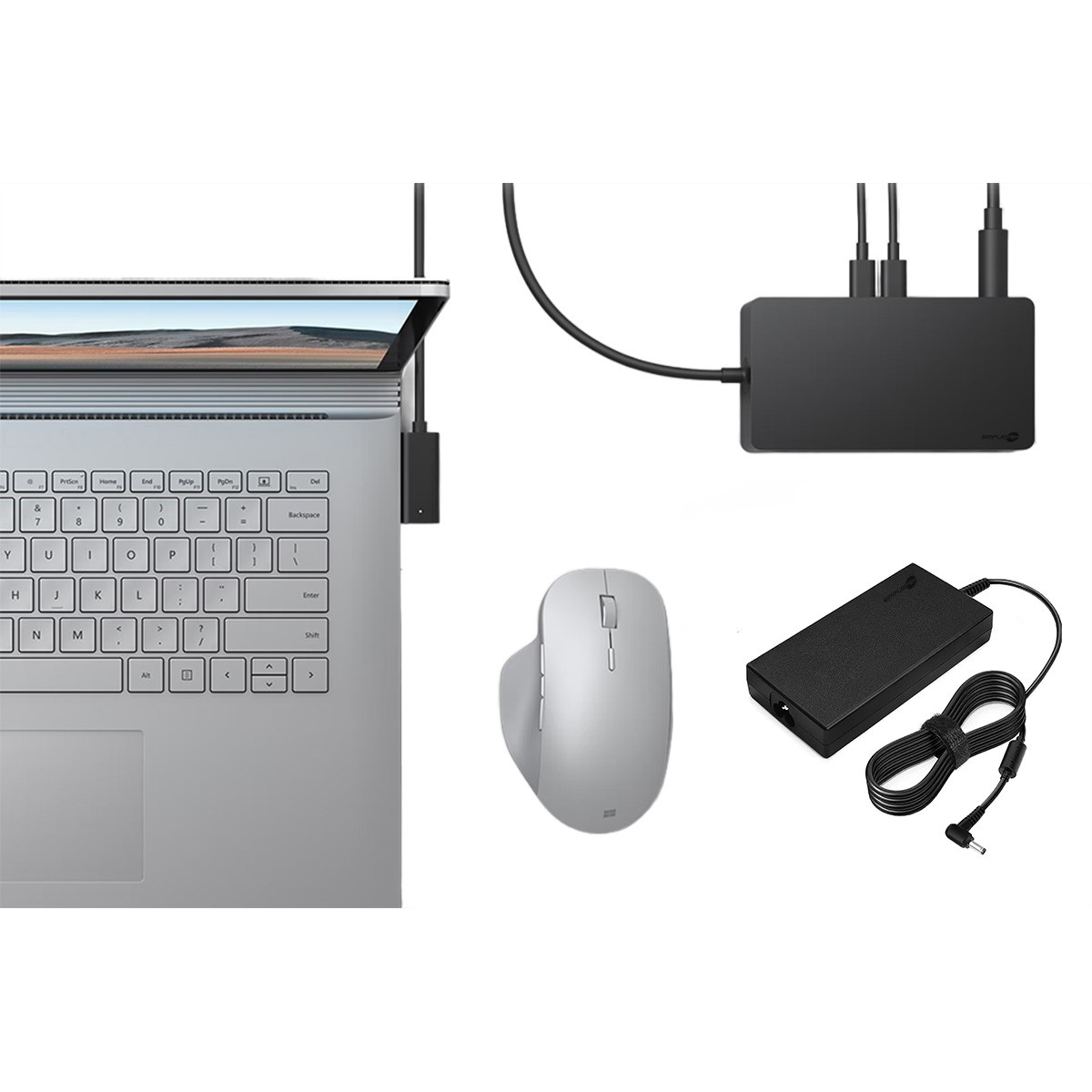 Ein silberner Laptop, eine ergonomische Maus, ein USB-C-Hub und ein Netzteil.