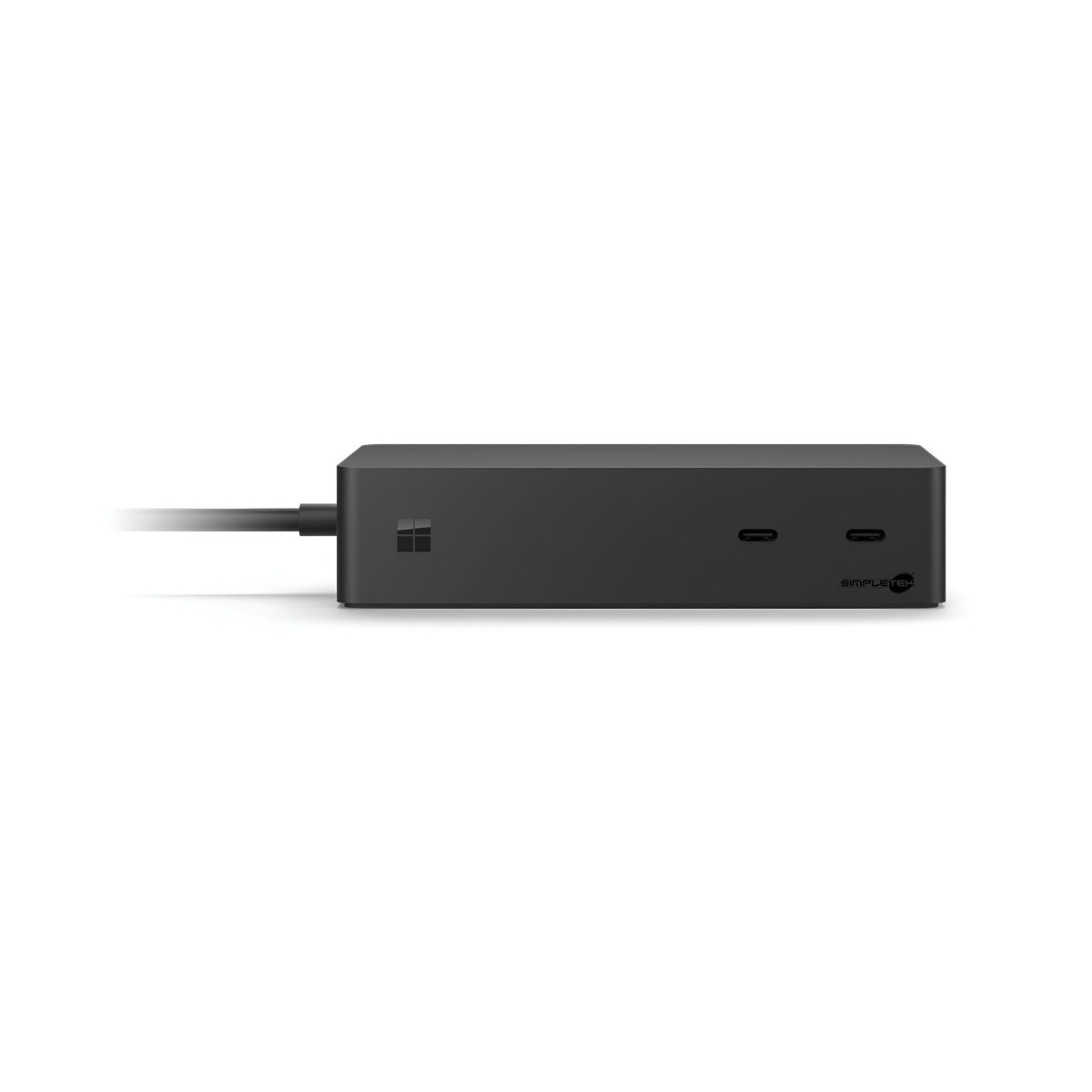 Une station d'accueil rectangulaire noire avec deux ports USB-C à l'avant et un câble connecté à gauche.
