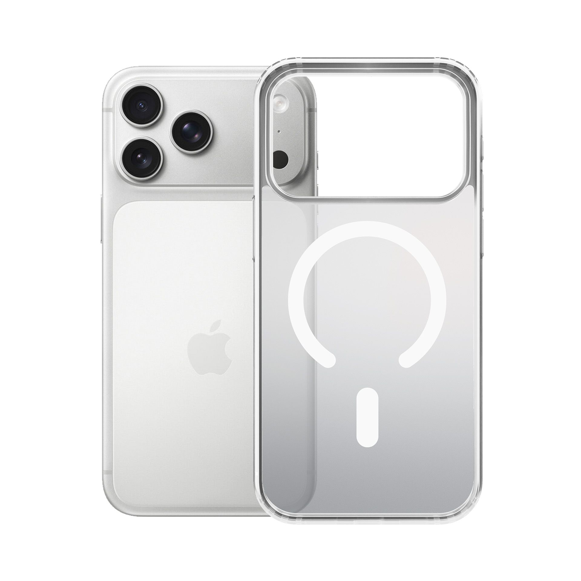 Un iPhone argento con tre fotocamere e una cover protettiva trasparente con anello MagSafe.