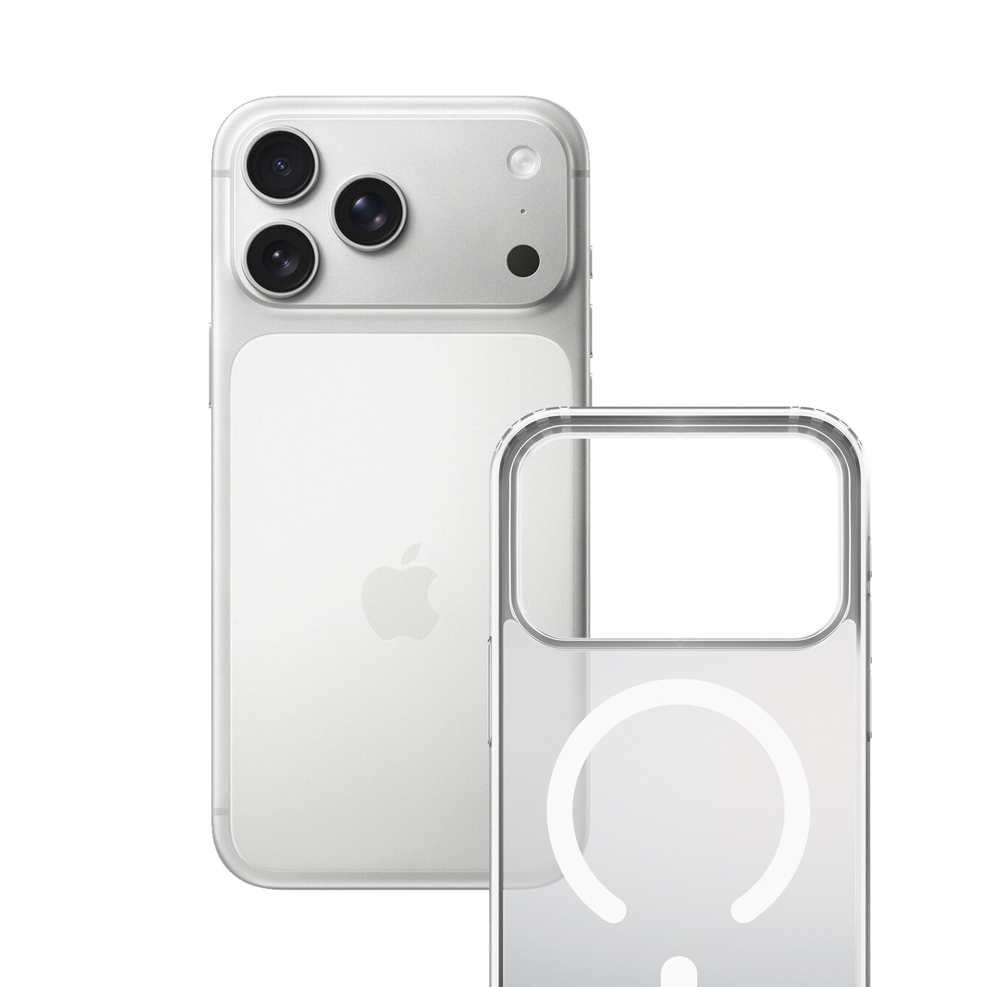 Retro di uno smartphone argento con tre fotocamere e una cover trasparente MagSafe davanti.