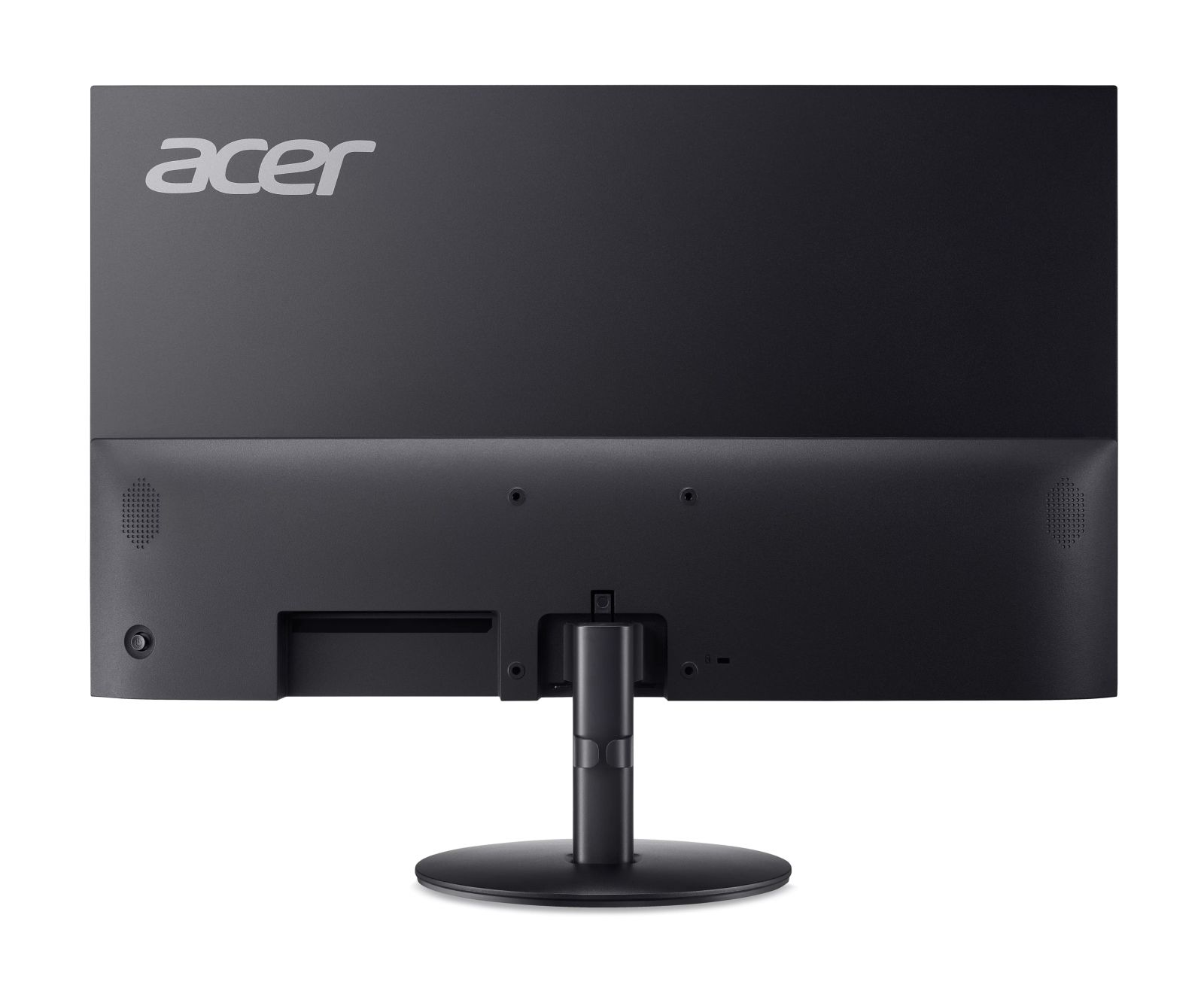 Vista posteriore di un monitor nero Acer con supporto, griglie per altoparlanti e porte su sfondo bianco.