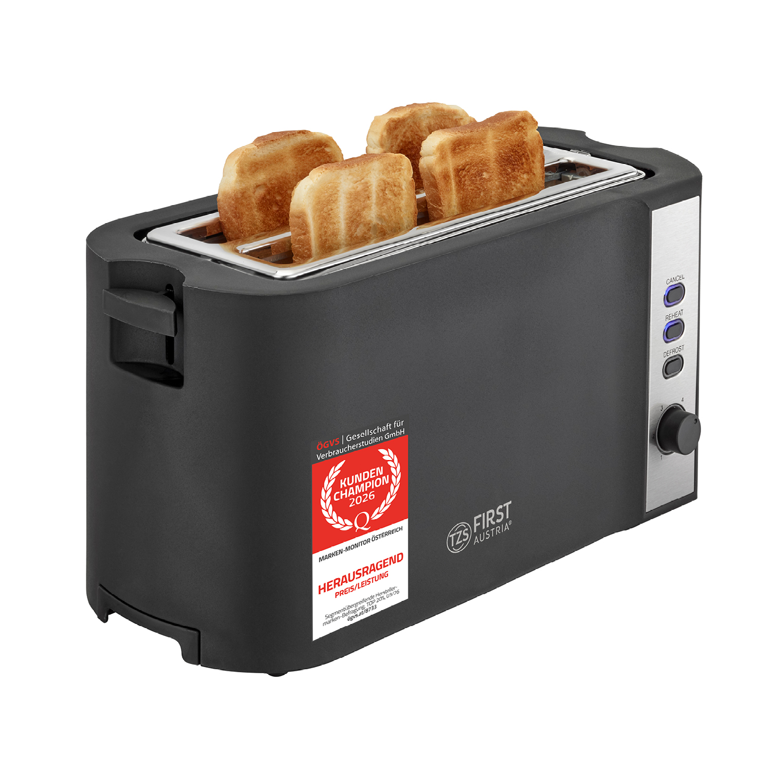 Un tostapane nero con quattro fette di pane tostato dorato, logo TZS First Austria e un adesivo premio rosso.