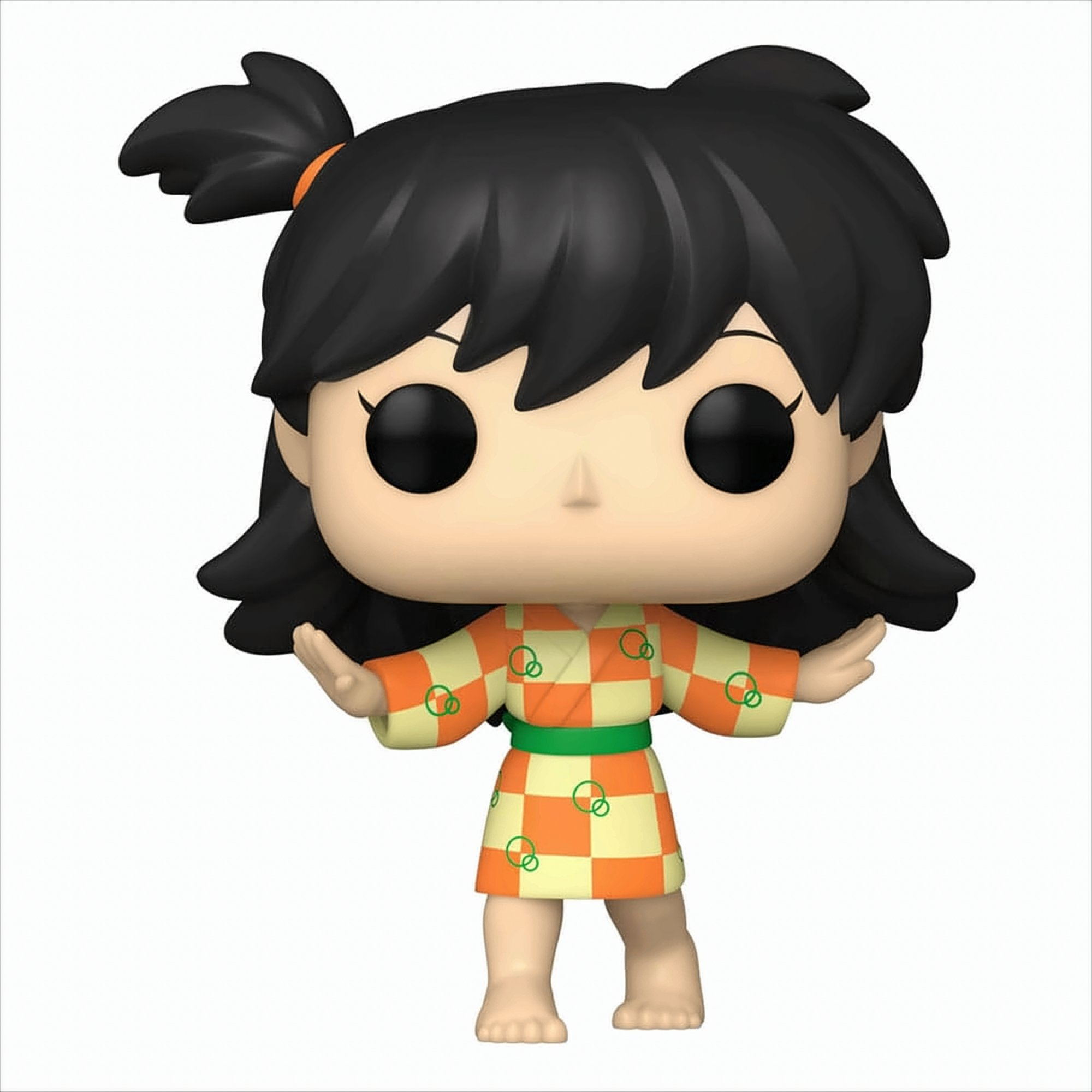 Eine Vinylfigur einer Figur mit schwarzen Haaren, die einen orange-gelb karierten Robe mit grünem Gürtel trägt.