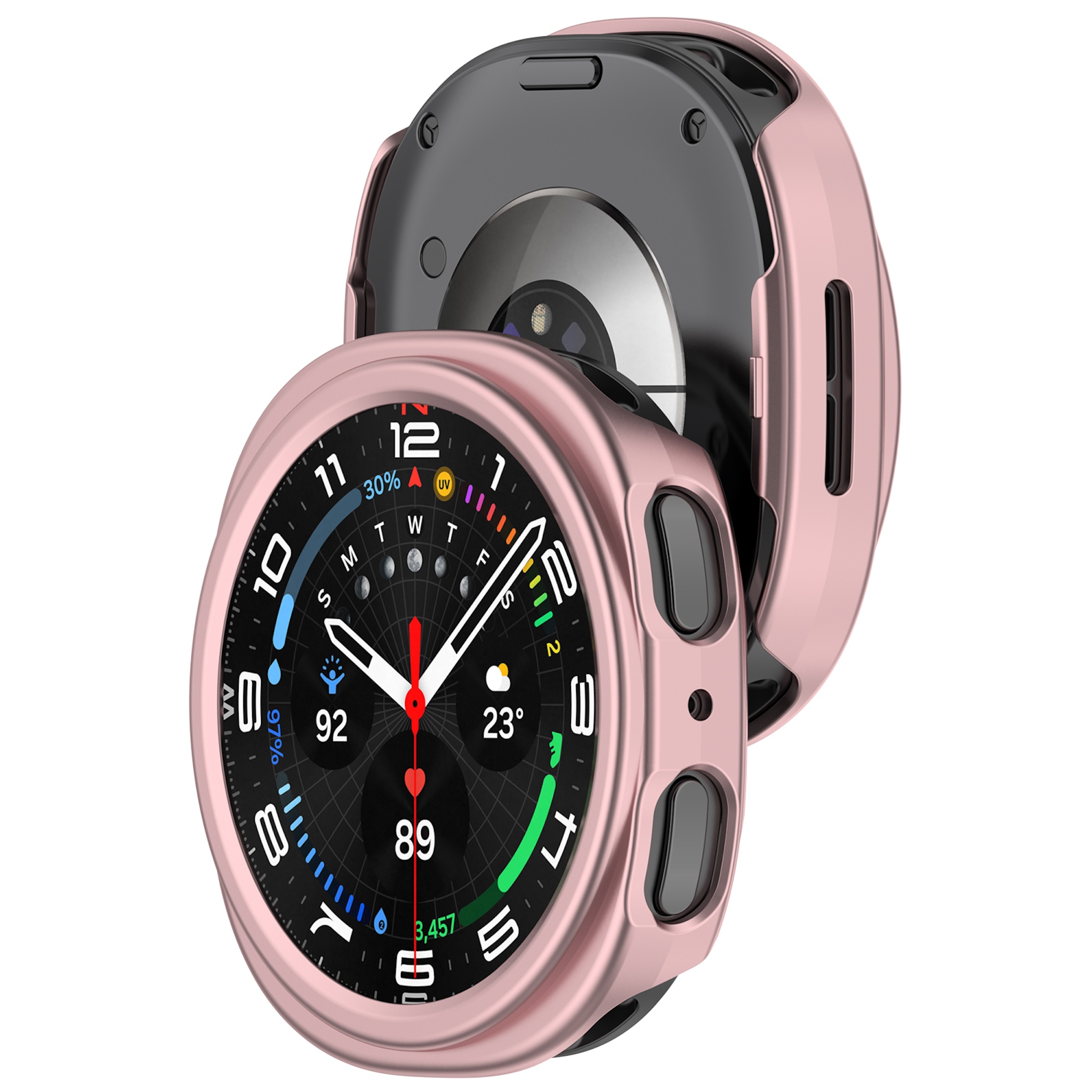 Rosa Schutzhülle für Smartwatch mit schwarzem Zifferblatt und Sensoren auf der Rückseite.
