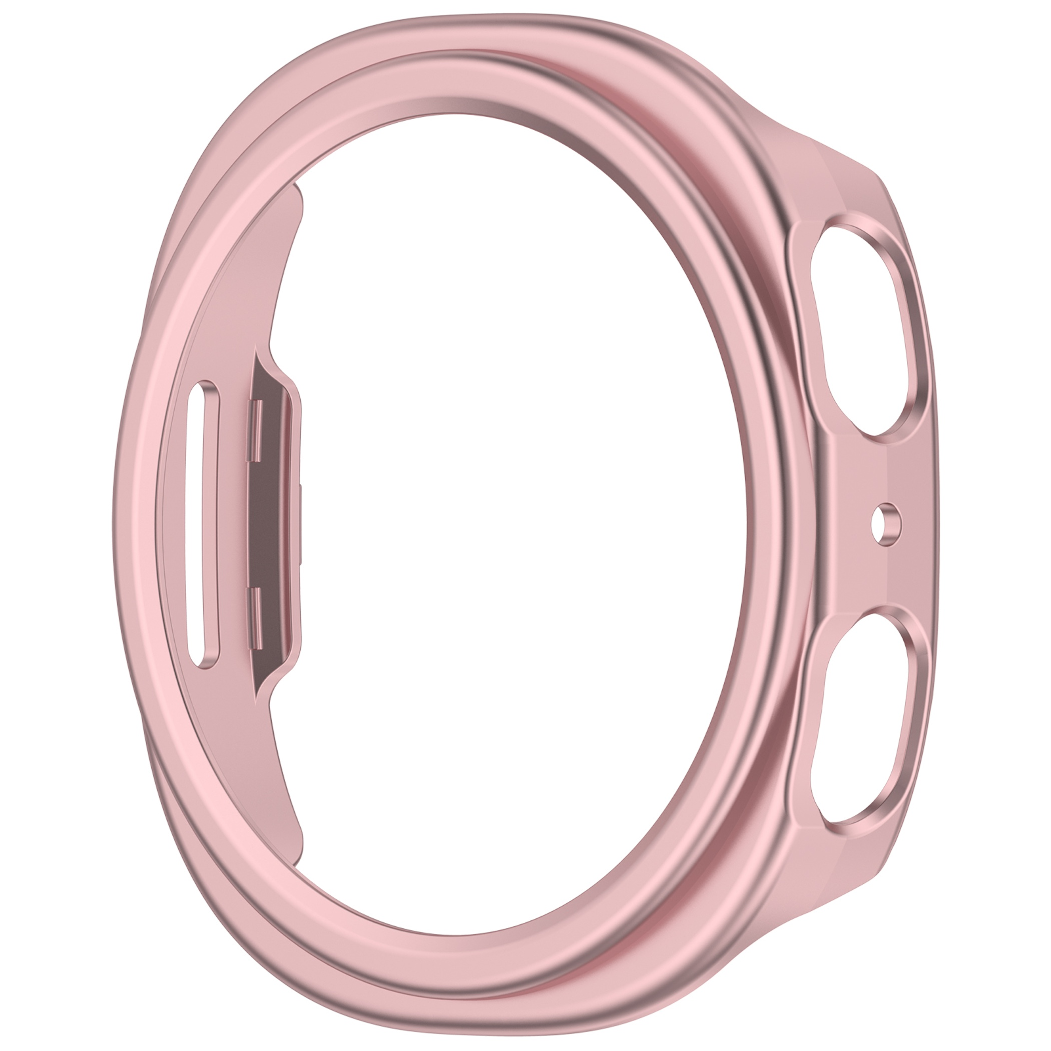 Eine rosafarbene Smartwatch-Schutzhülle vor weißem Hintergrund aus schräger Sicht.