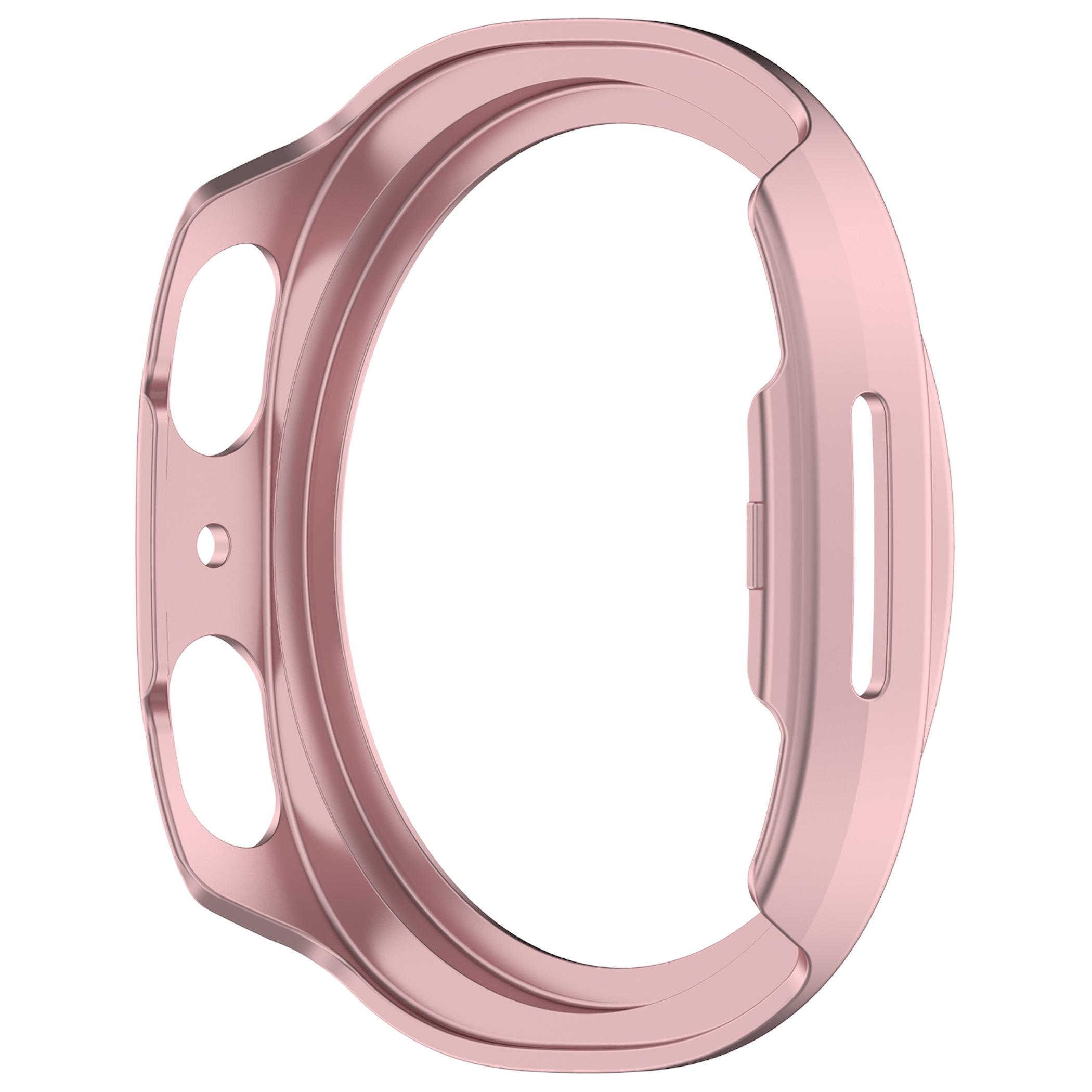 Ein roségoldener Smartwatch-Bumper auf weißem Hintergrund mit Ausschnitten für Knöpfe und Display.