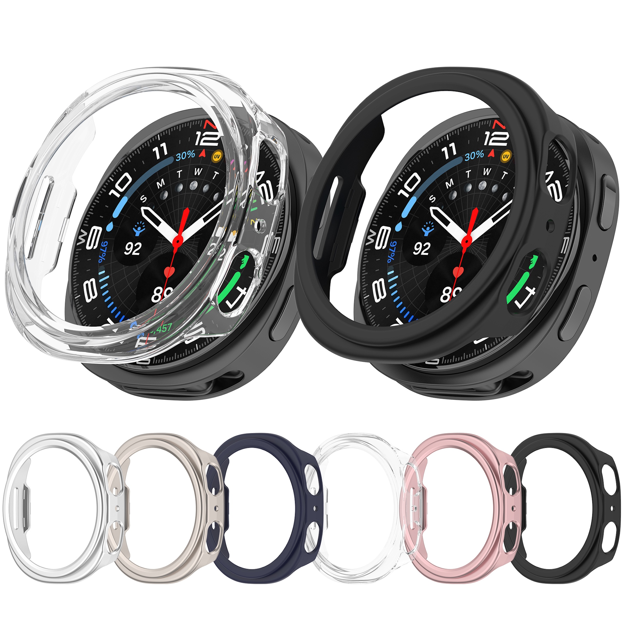 Due smartwatch con custodie protettive trasparenti e nere, con altre sei opzioni di colore in basso.