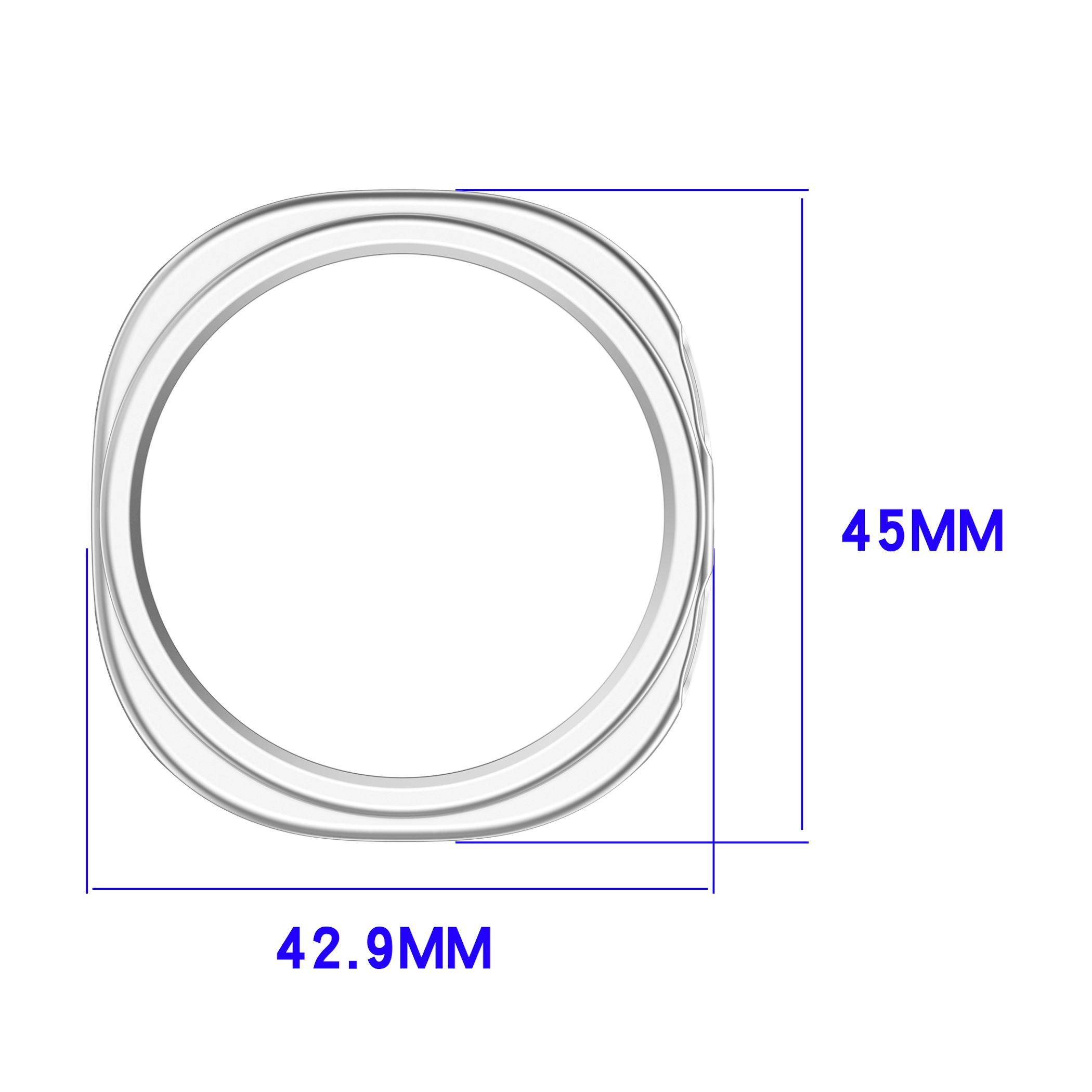 Disegno tecnico di un anello rotondo con dimensioni di 45 mm di altezza e 42,9 mm di larghezza su sfondo bianco.