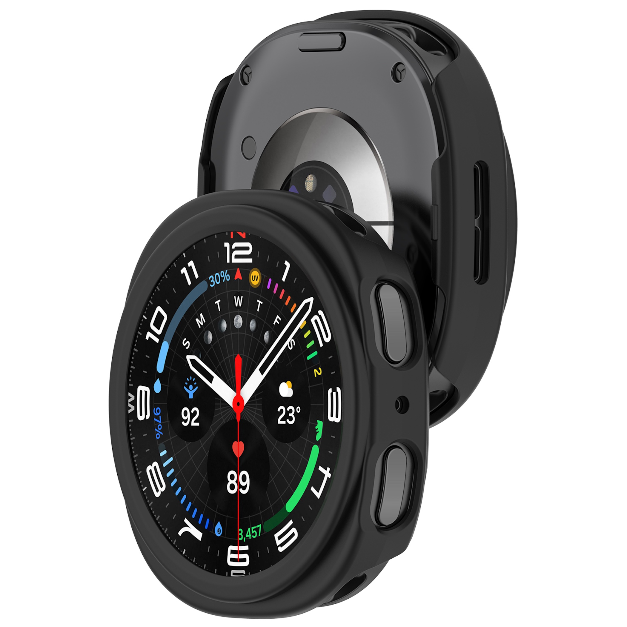 Due custodie protettive nere per smartwatch mostrate di fronte e di retro su sfondo bianco.