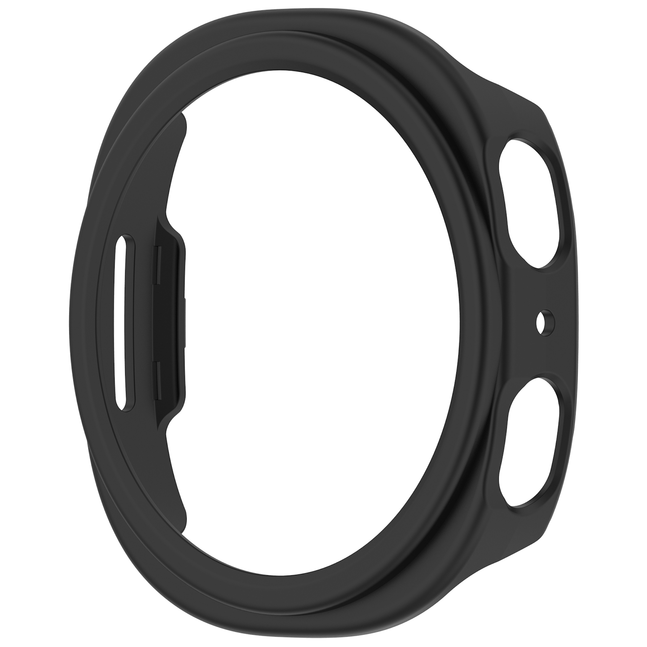 Cassa per orologio nera di forma rotonda, con pulsanti laterali e porte.