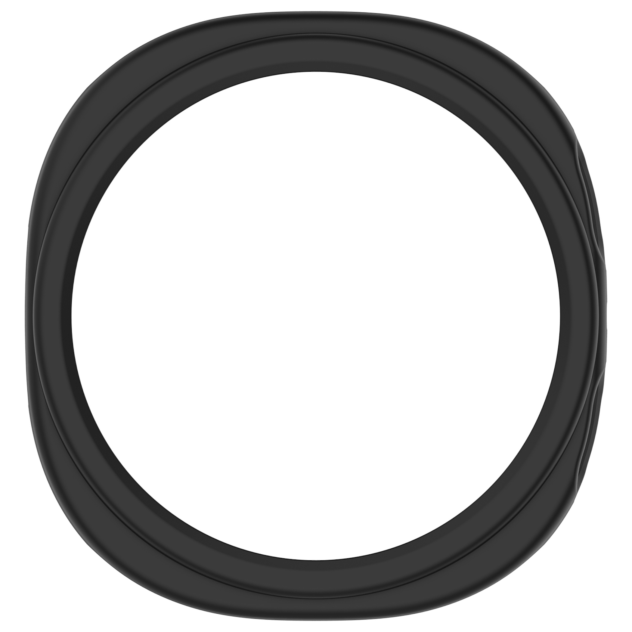 Una spessa cornice nera e rotonda con curve morbide su sfondo bianco.