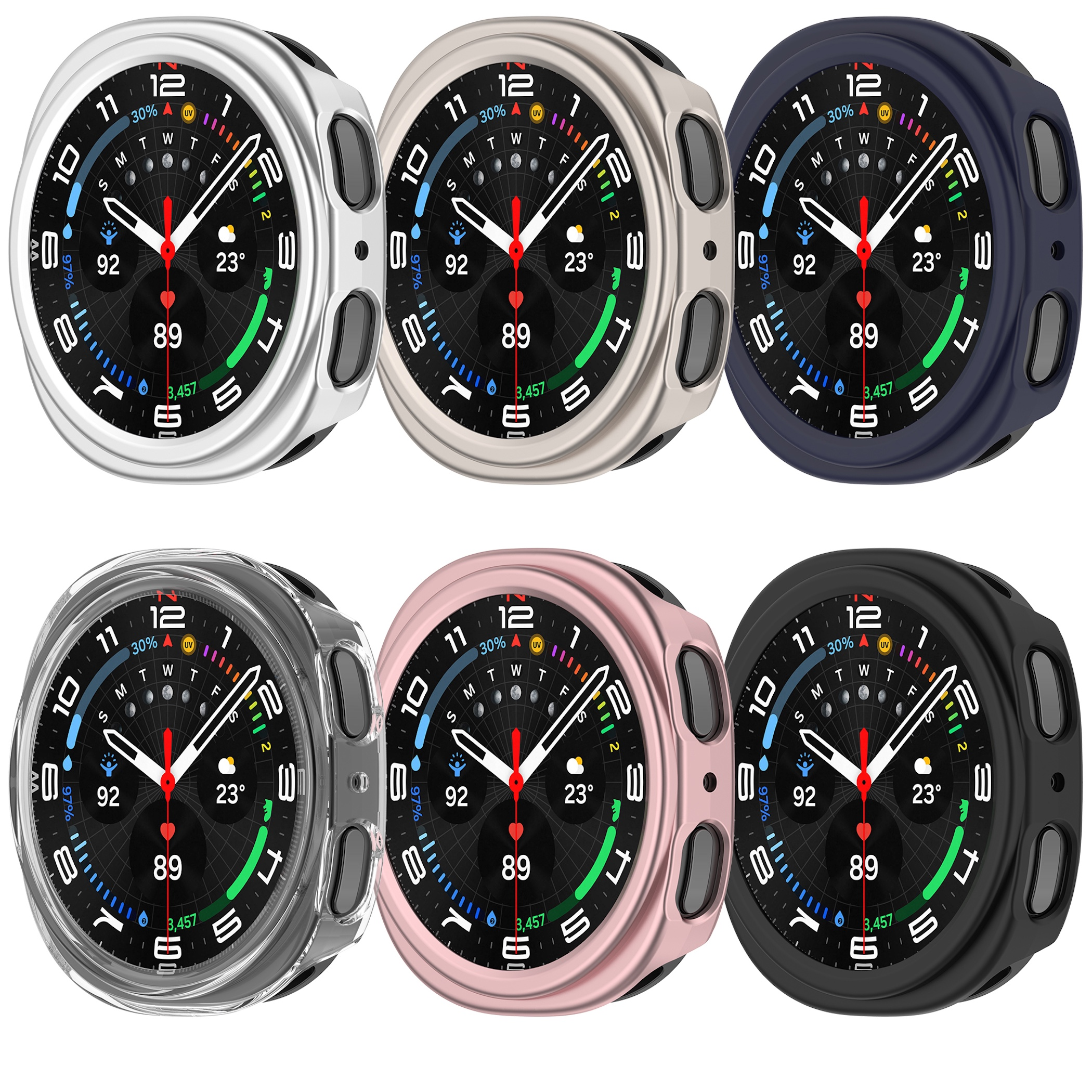 Sei smartwatch con custodie protettive in argento, beige, blu scuro, trasparente, rosa e nero.