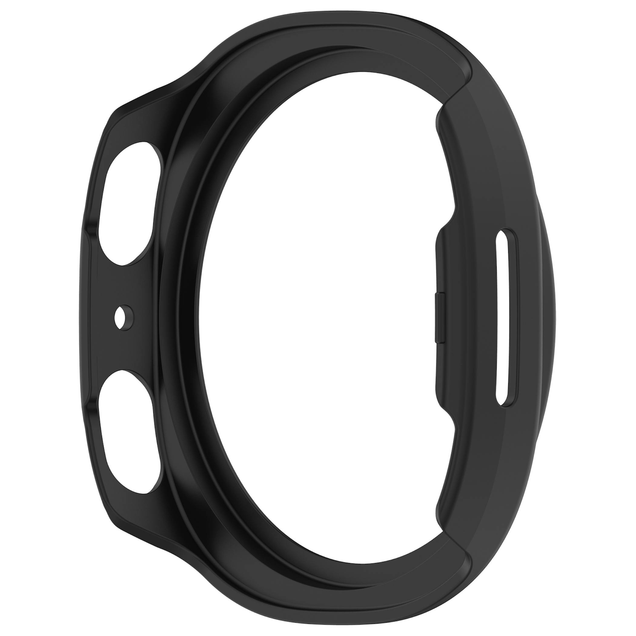 Ein schwarzes Schutzgehäuse für Smartwatches mit Knopfausschnitten vor weißem Hintergrund.