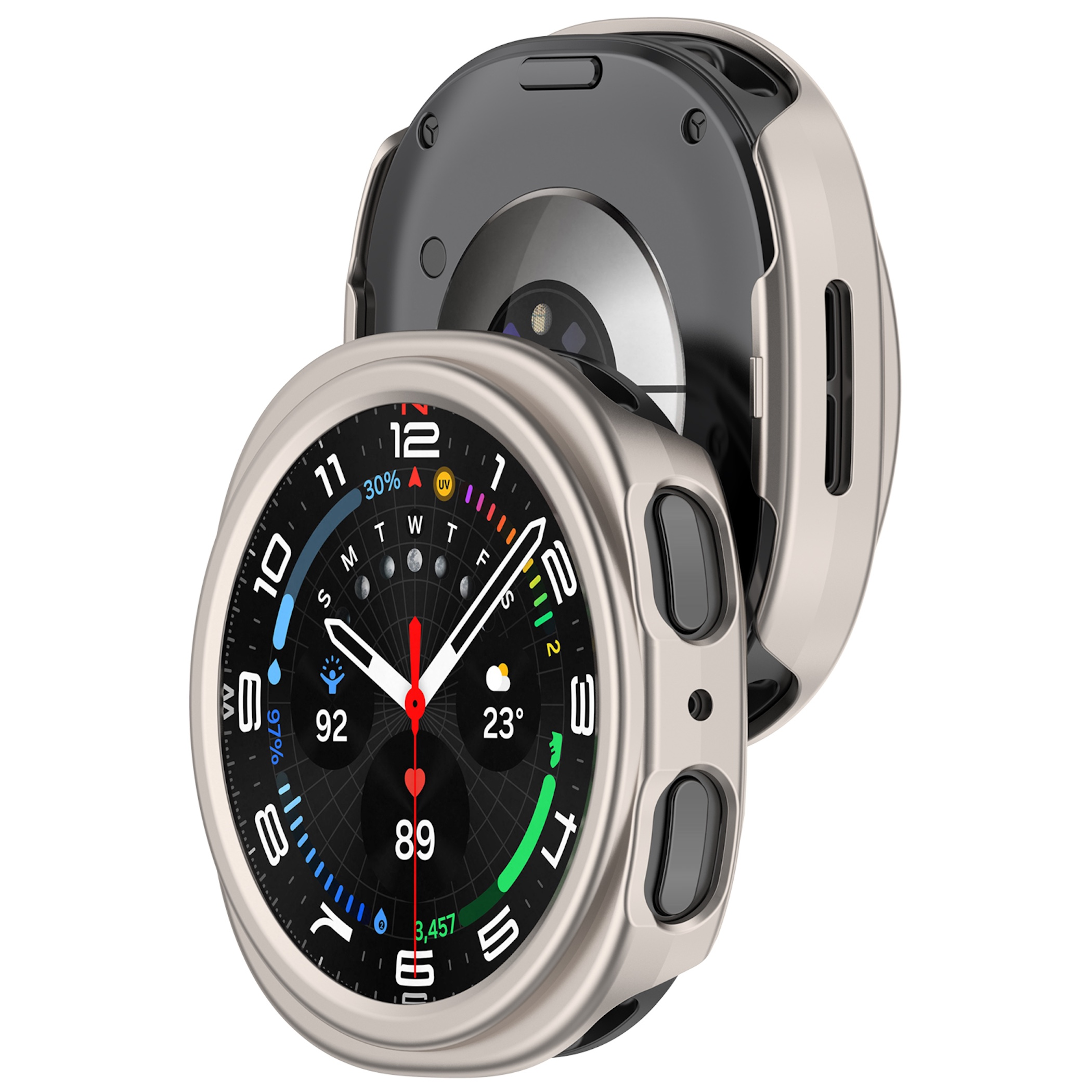 Due custodie per smartwatch argentate con attacchi per cinturino su sfondo bianco.