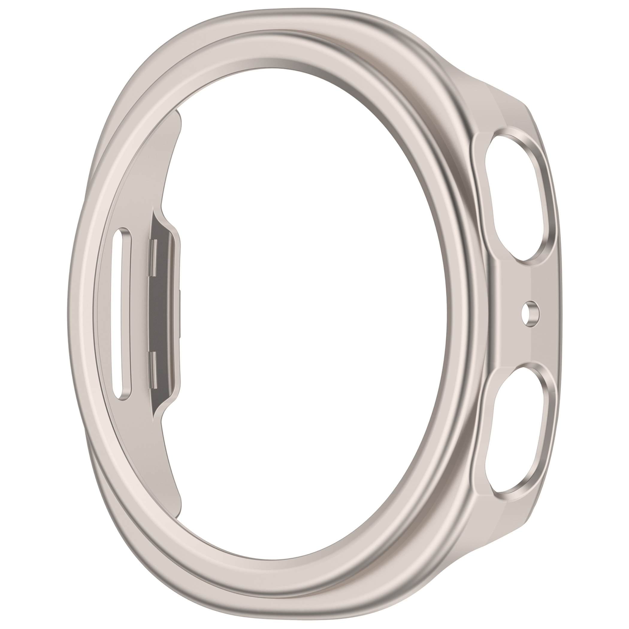 Una cornice per orologio in metallo argentato con aperture per i pulsanti su sfondo bianco.