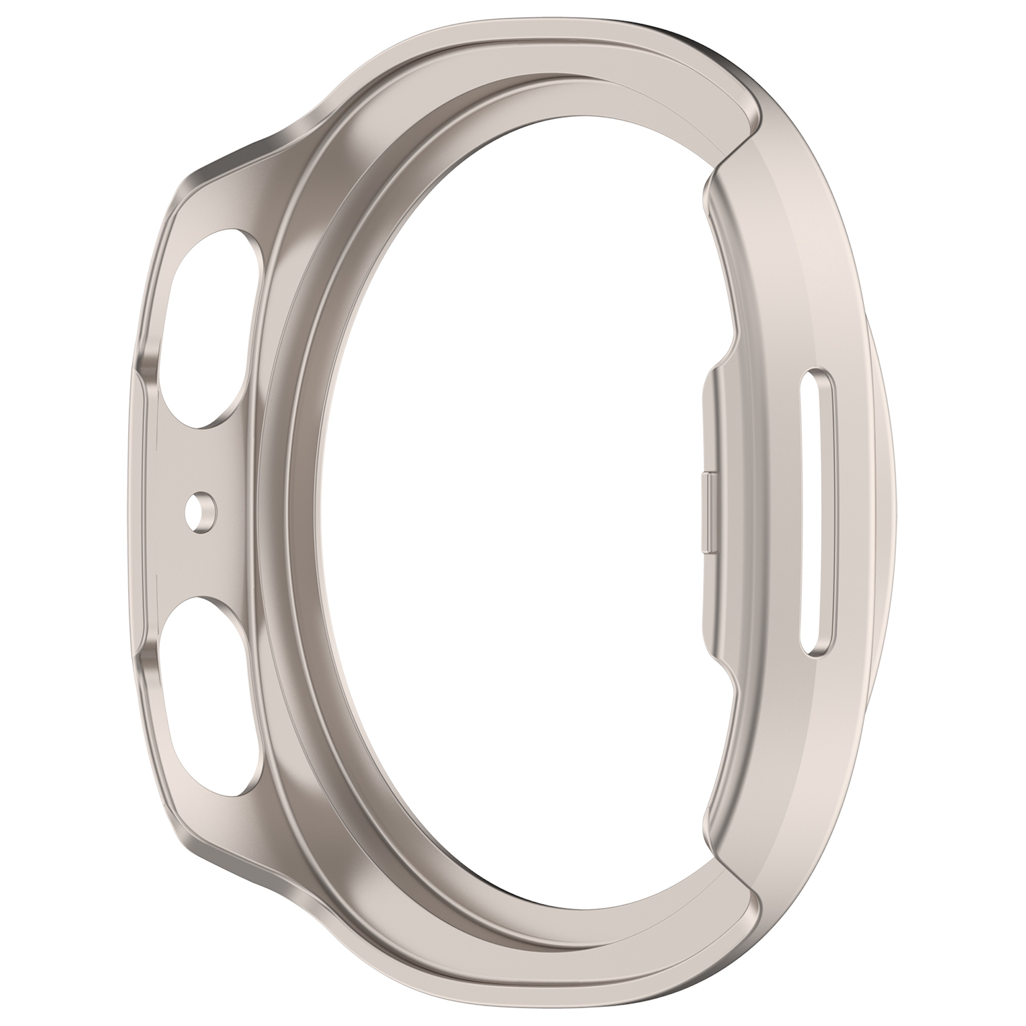 Una cornice per cassa di orologio in metallo argentato con aperture per pulsanti su sfondo bianco.