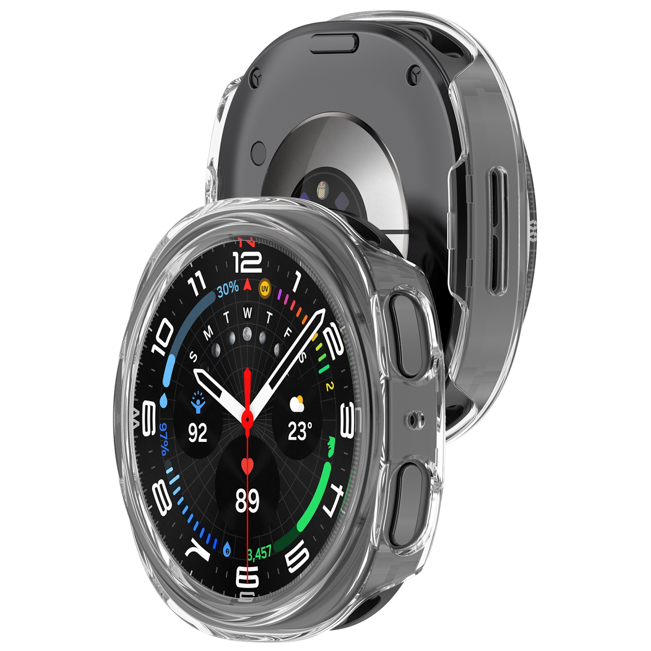 Due viste di uno smartwatch in una custodia protettiva trasparente su sfondo bianco.