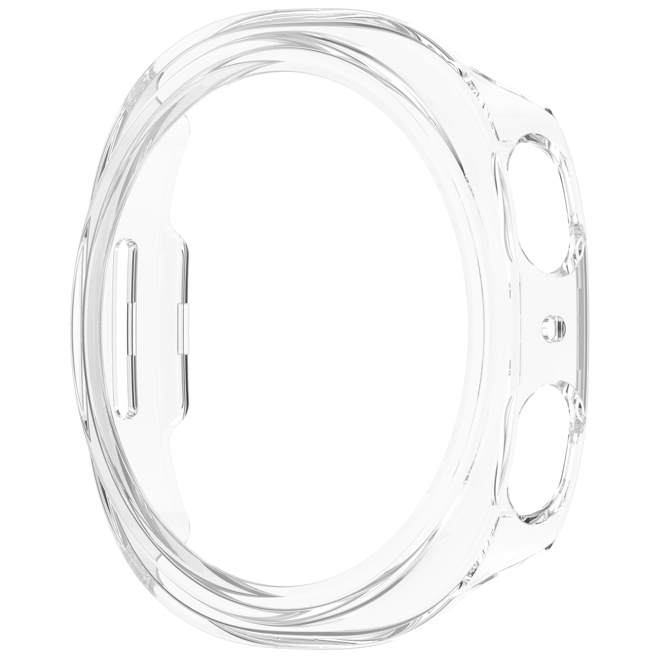 Custodia protettiva flessibile e trasparente per smartwatch su sfondo bianco.