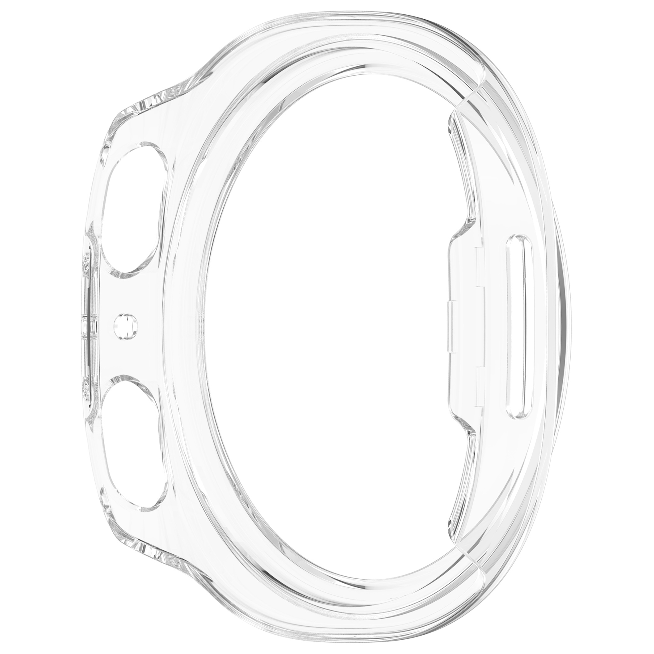 Custodia protettiva trasparente per smartwatch su sfondo bianco con aperture per tasti.