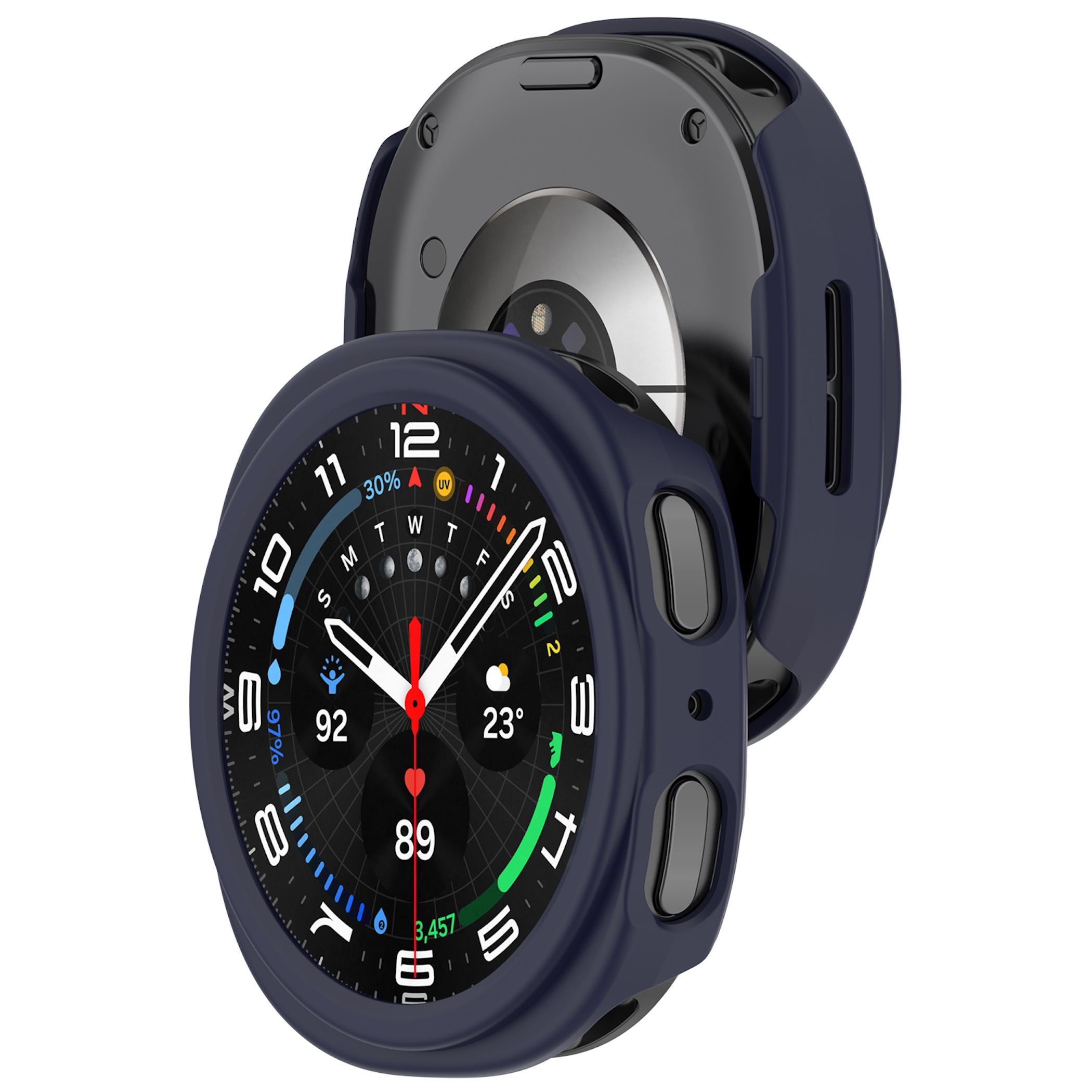 Eine Smartwatch in einer dunkelblauen Schutzhülle zeigt das Display und die Rückseite gegen einen weißen Hintergrund.