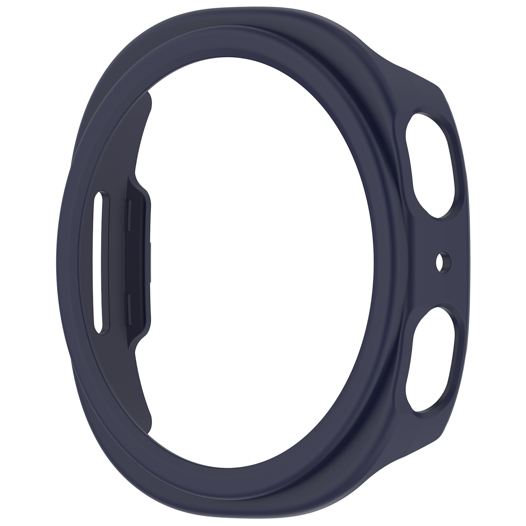 Ein dunkelblaues Schutzgehäuse für eine Smartwatch mit Ausschnitten für Knöpfe und Sensoren, weißer Hintergrund.
