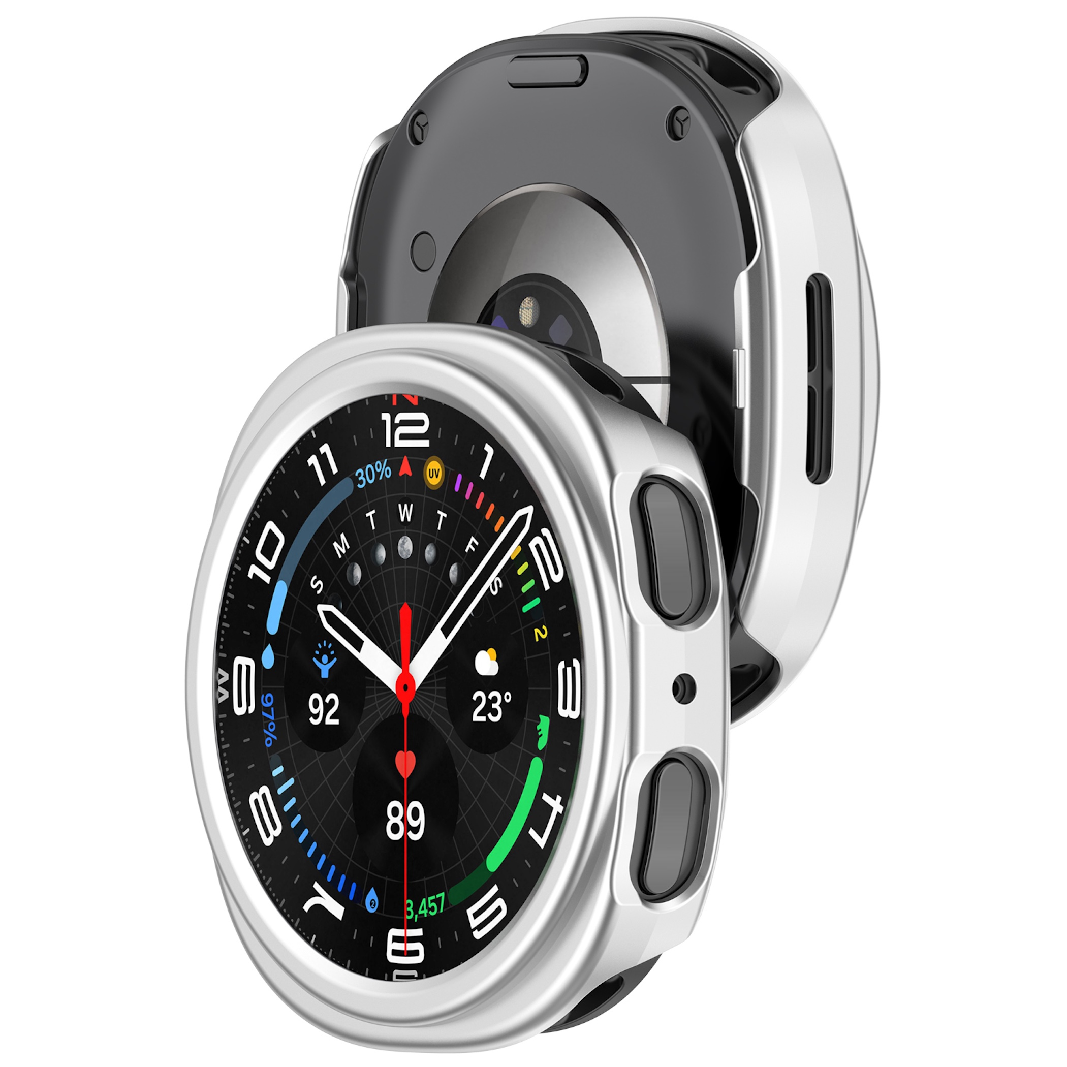 Silberne Smartwatch im Schutzgehäuse mit Zifferblatt, Herzfrequenz- und Wetteranzeige.