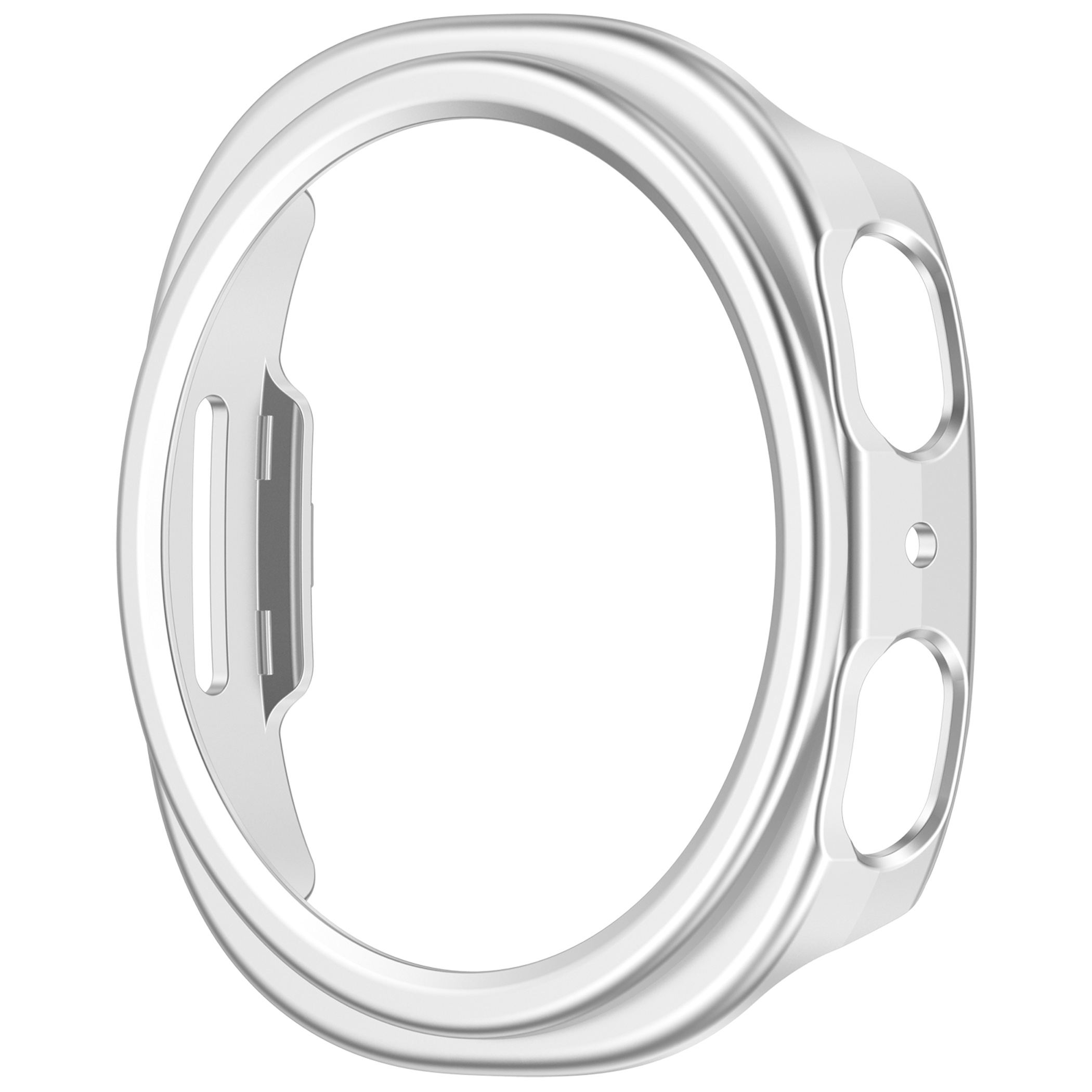 Ein silbernes Smartwatch-Gehäuse mit seitlichen Tasten und Aussparungen auf weißem Hintergrund.