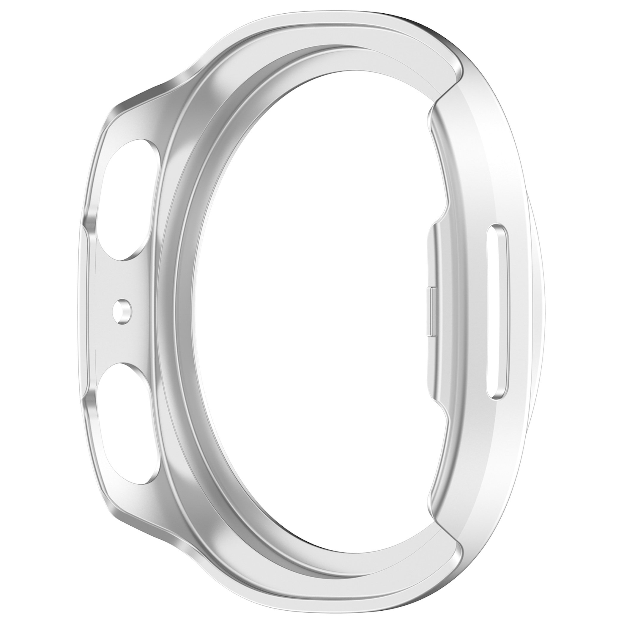 Glänzende silberne Schutzhülle für Smartwatches mit Knopfausschnitten.