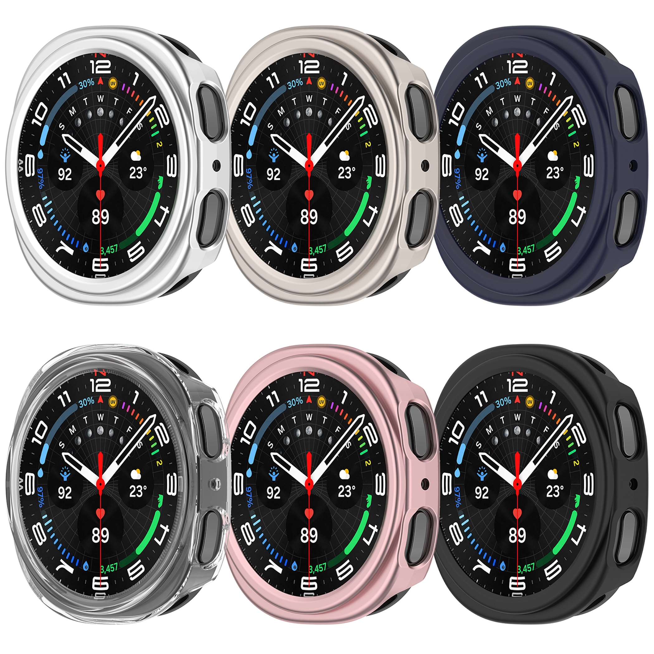 Sechs runde Smartwatch-Gehäuse in verschiedenen Farben und Ausführungen angeordnet.