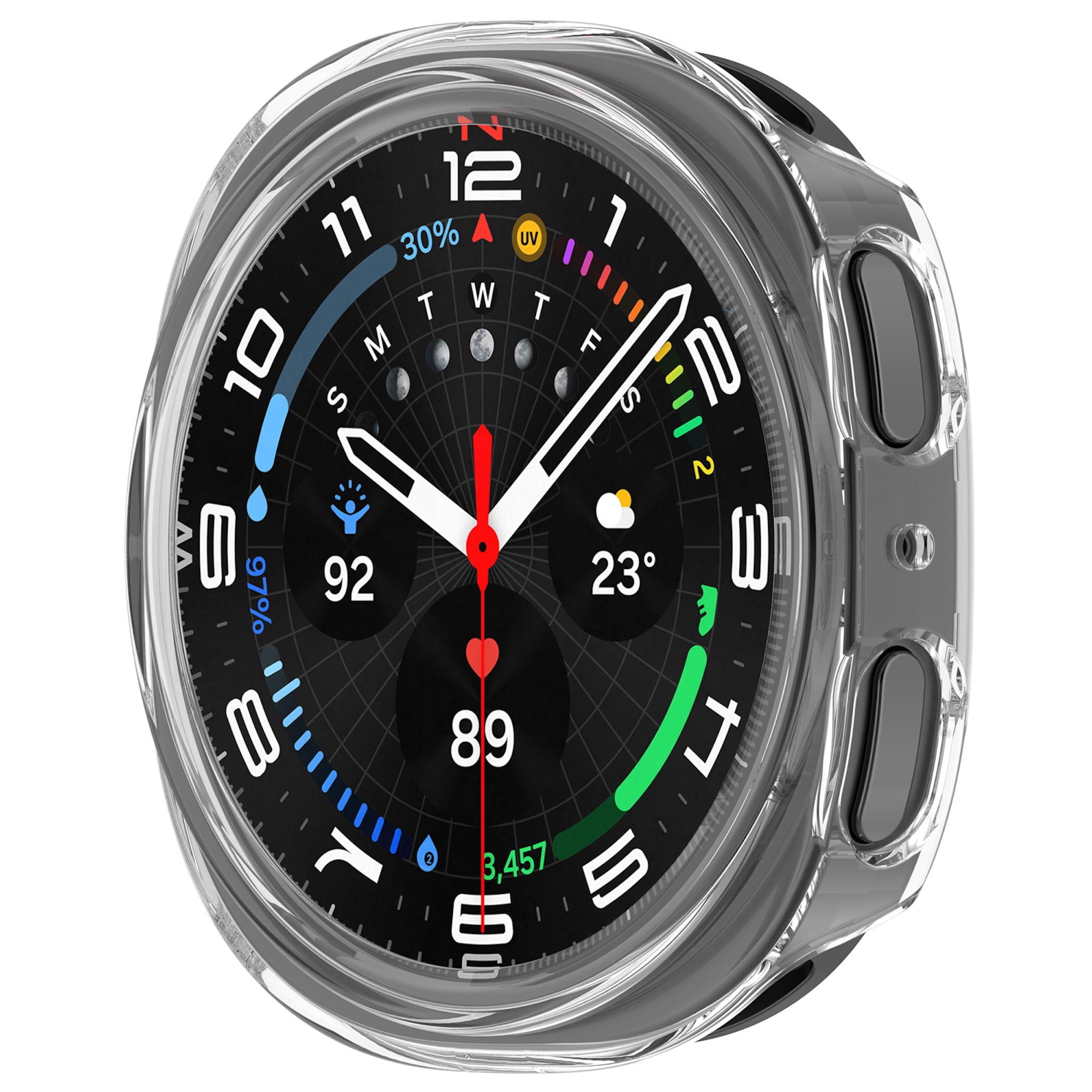 Eine Smartwatch mit schwarzem Zifferblatt, die Zeit und Wetter anzeigt, in einer klaren Schutzhülle.