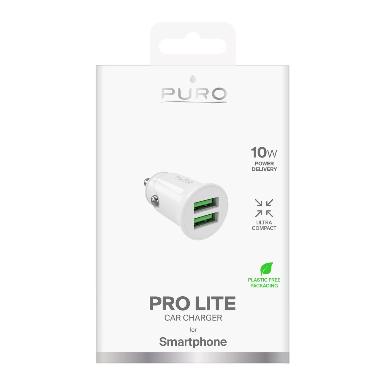 Caja de producto blanca para cargador de coche Puro Pro Lite 10W, con diseño compacto y embalaje sin plástico.
