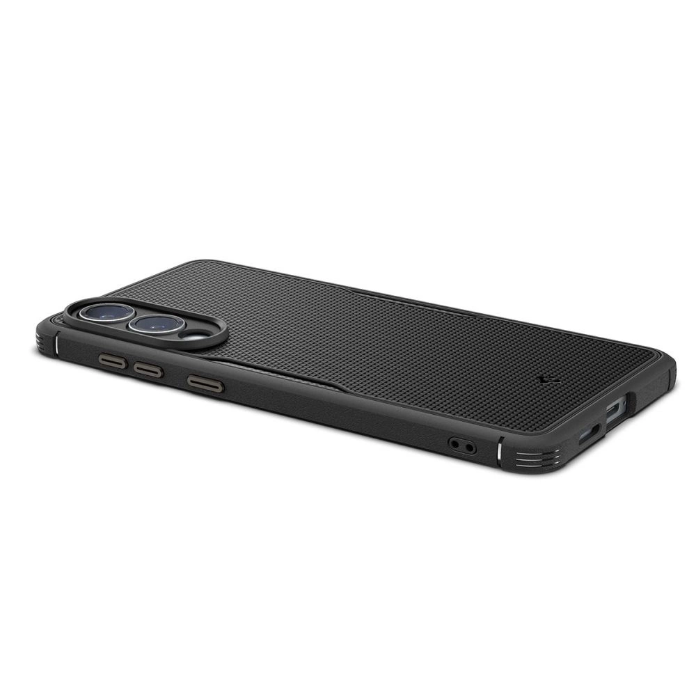 Custodia protettiva nera con retro testurizzato per smartphone su sfondo bianco.