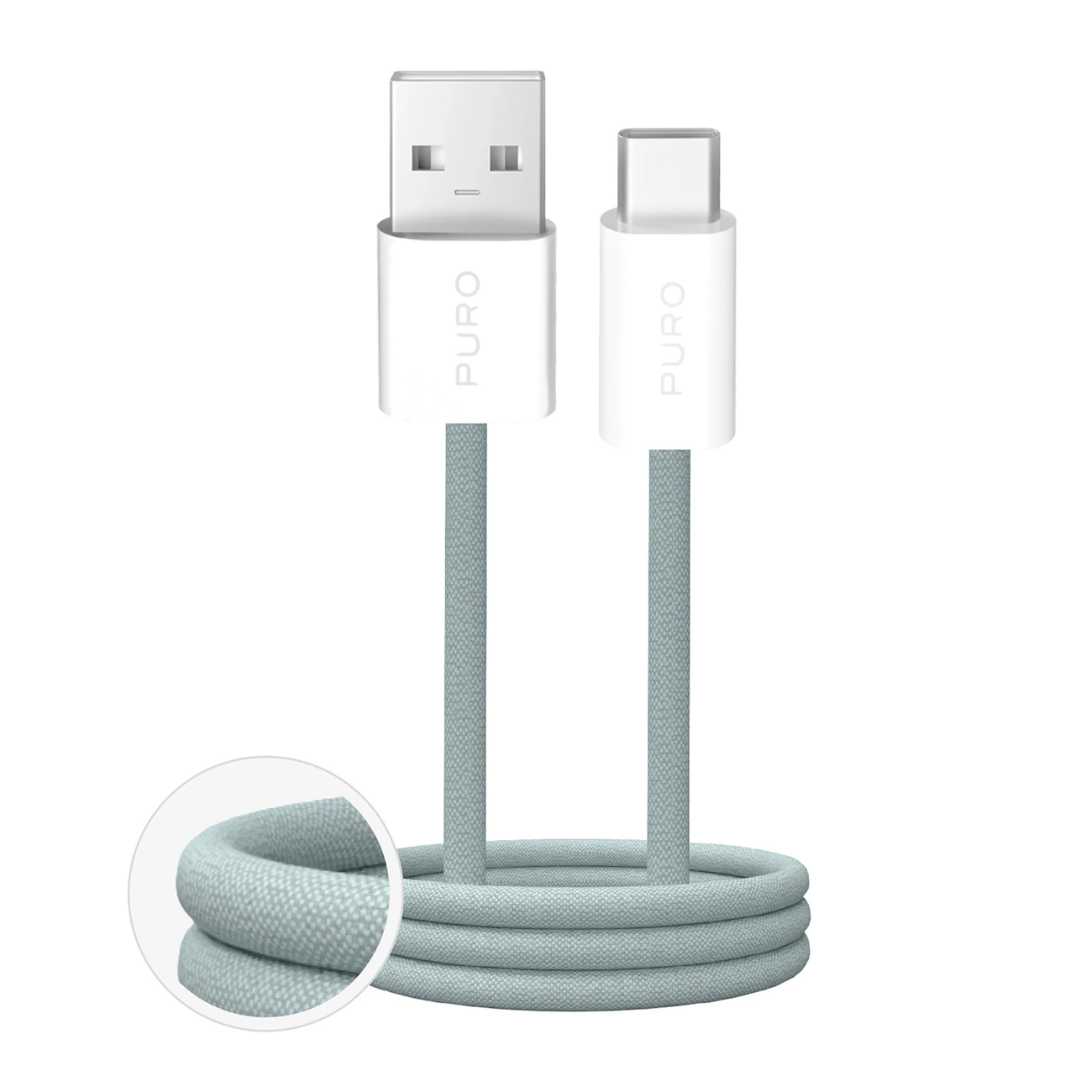 A light blue braided USB-A to USB-C charging cable with white connectors, showing a close-up of the fabric texture.