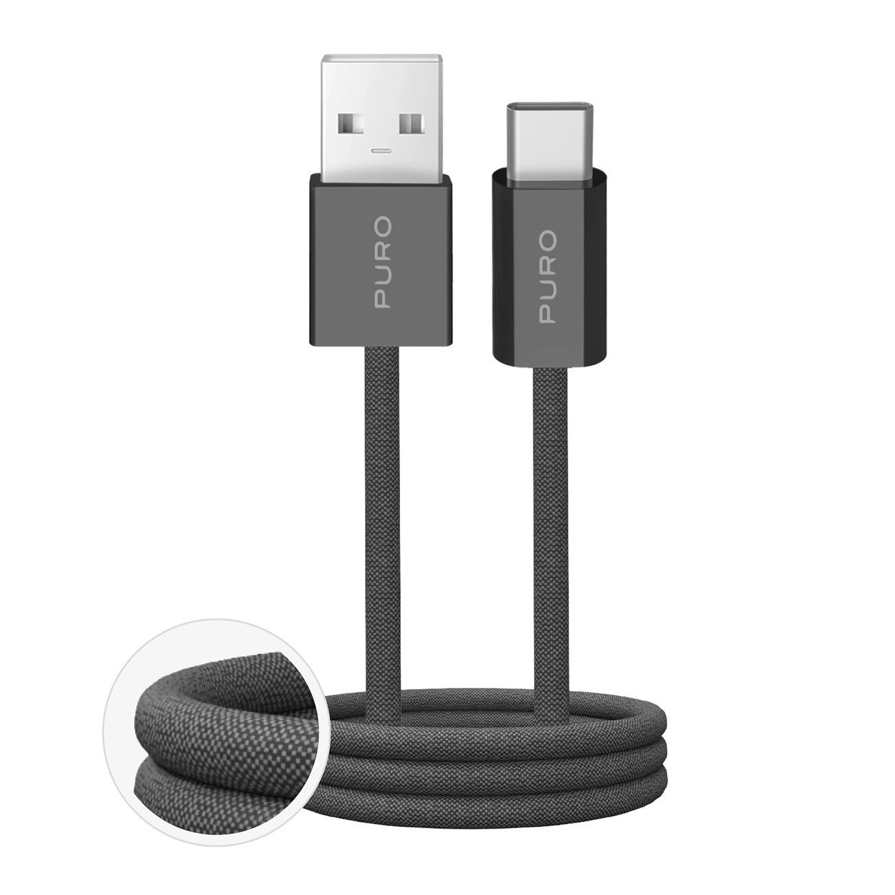 Schwarzes USB-A auf USB-C Kabel mit Textummantelung und Detailansicht.