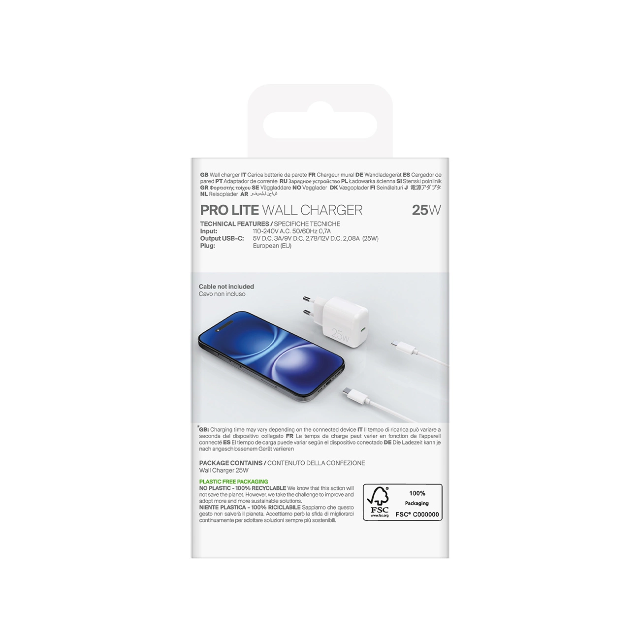 Empaque de cargador de pared Pro Lite 25W con un teléfono inteligente y cables.
