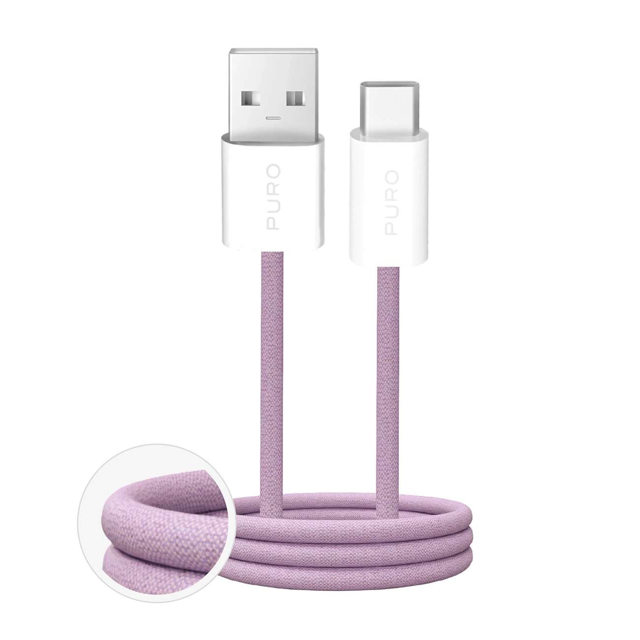 Cavo intrecciato viola arrotolato da USB-A a USB-C su sfondo bianco, con vista ingrandita della trama.