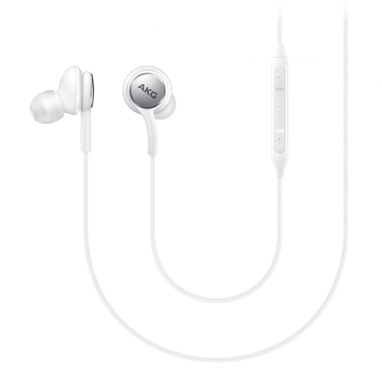Écouteurs intra-auriculaires blancs AKG avec télécommande sur cordon et fond blanc.