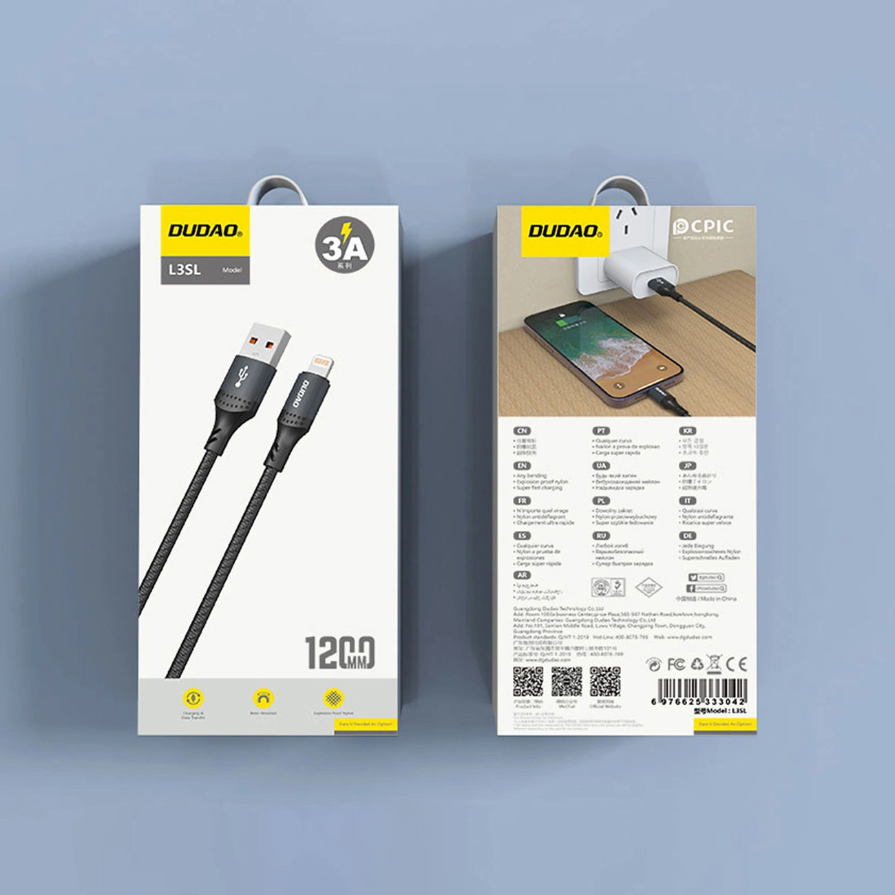 Opakowanie kabla USB Dudao L3SL z wizerunkiem produktu i szczegółami technicznymi na jasnoniebieskim tle.