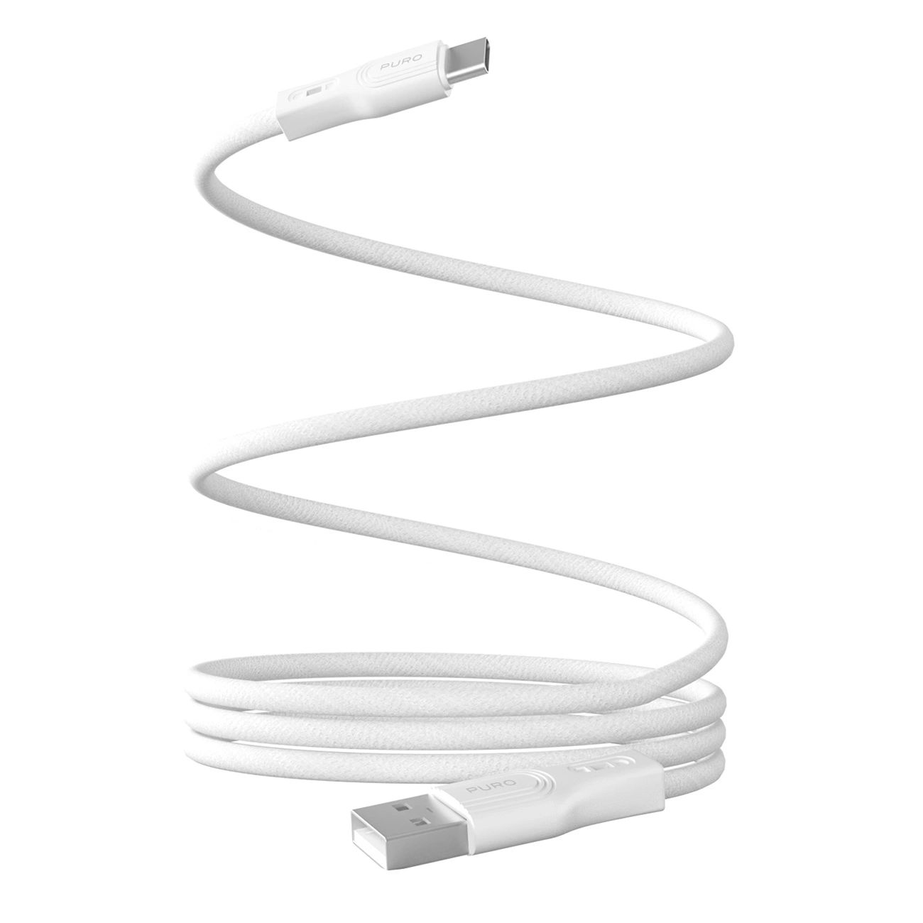 Un cavo di ricarica bianco da USB-A a USB-C a spirale verticale su sfondo bianco.