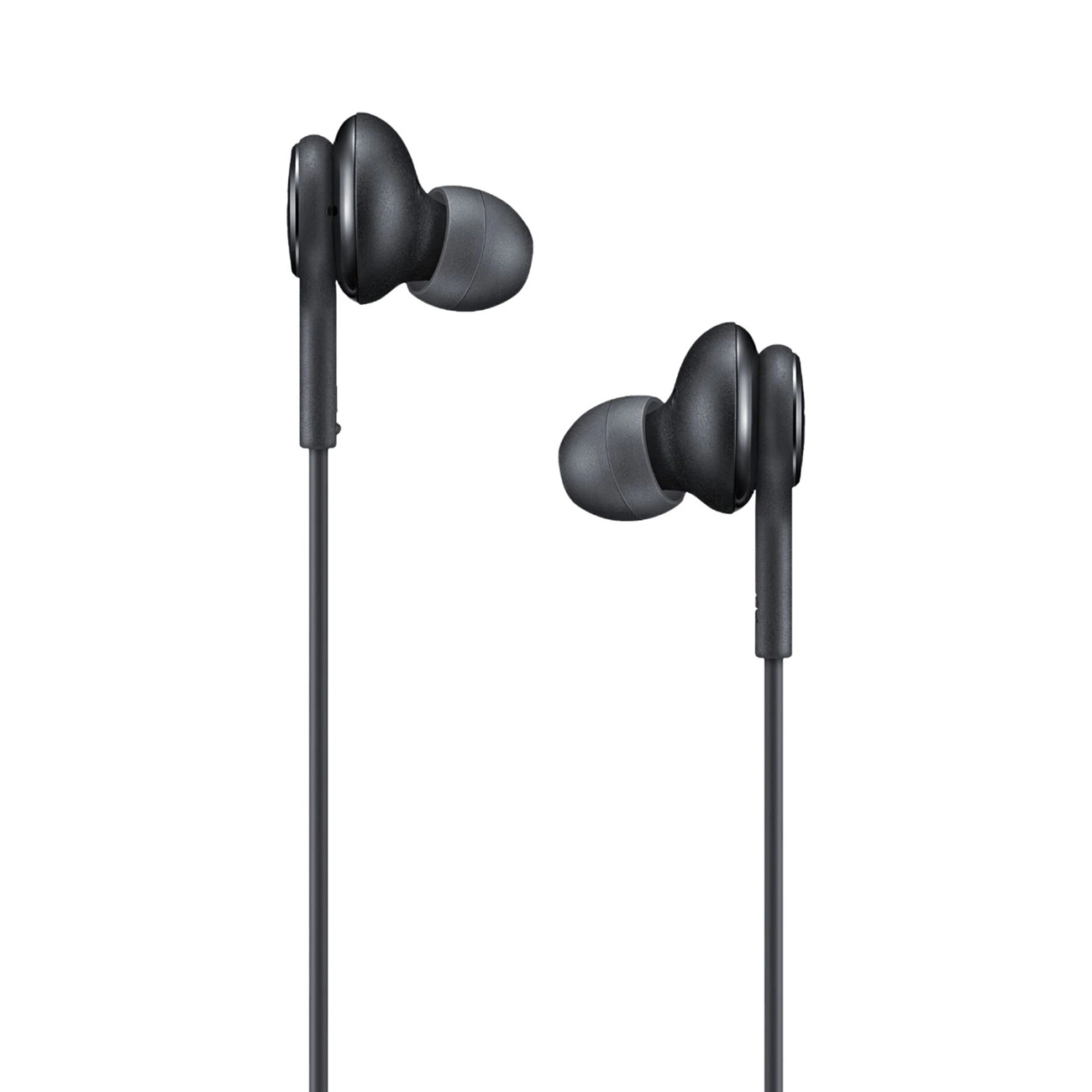 Écouteurs intra-auriculaires filaires noirs sur fond blanc.