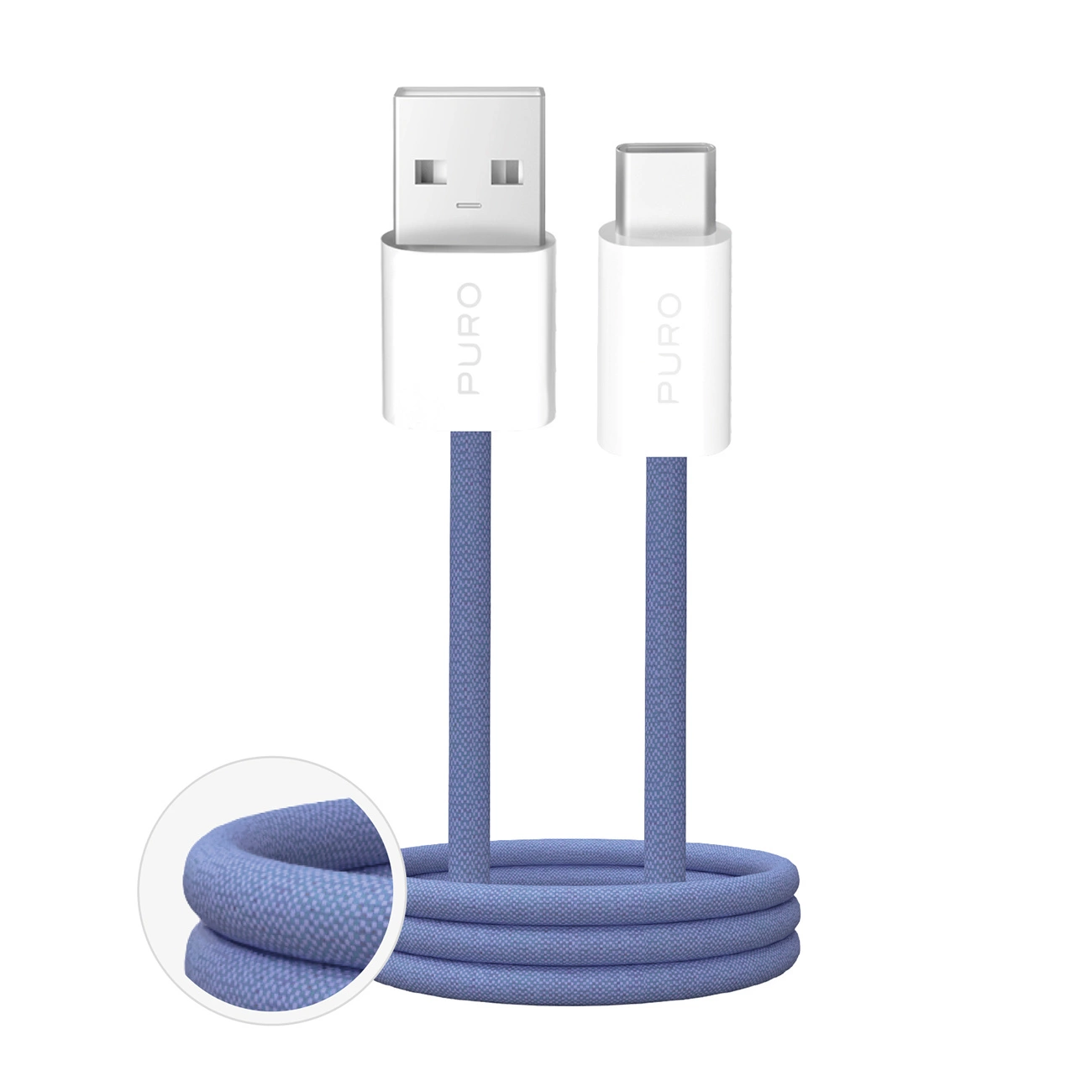 A coiled purple braided charging cable with a USB-A and a USB-C connector, shown against a white background.