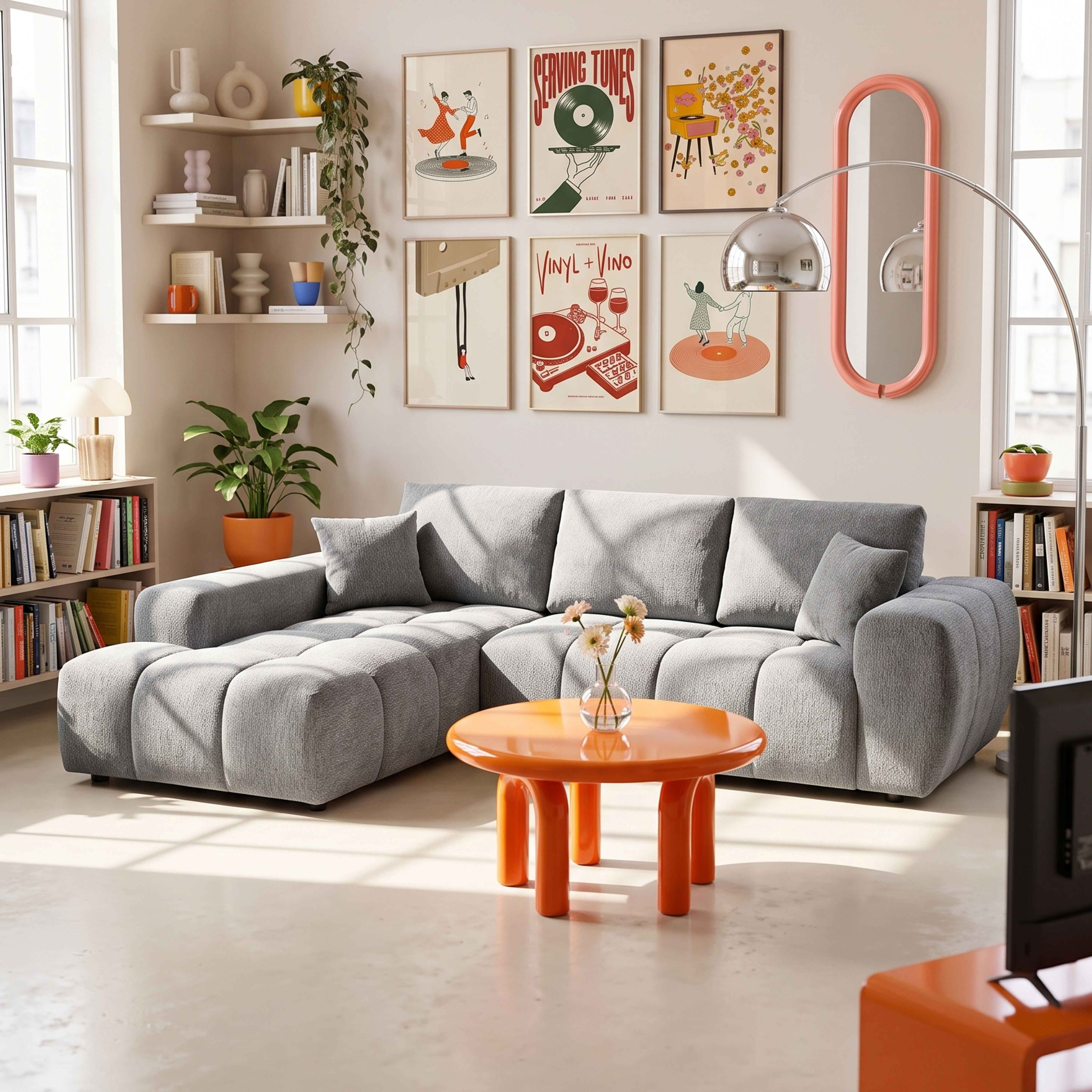 Ein helles Wohnzimmer mit grauem Schnittsofa, orangem Beistelltisch, Kunstprints und Pflanzen.