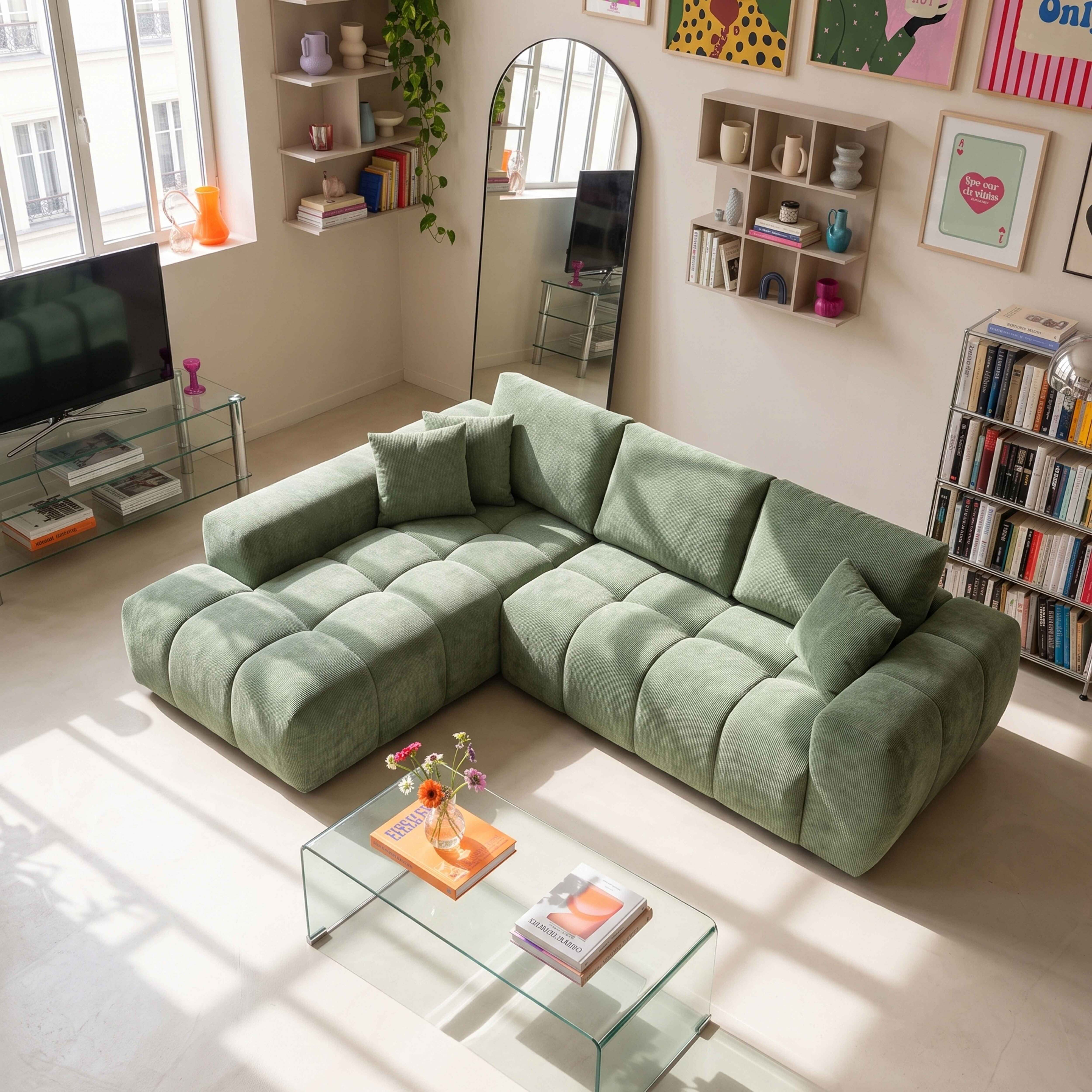 Ein lichtdurchflutetes Wohnzimmer mit einem großen grünen Cord-Ecksofa, einem Glastisch und Regalen.