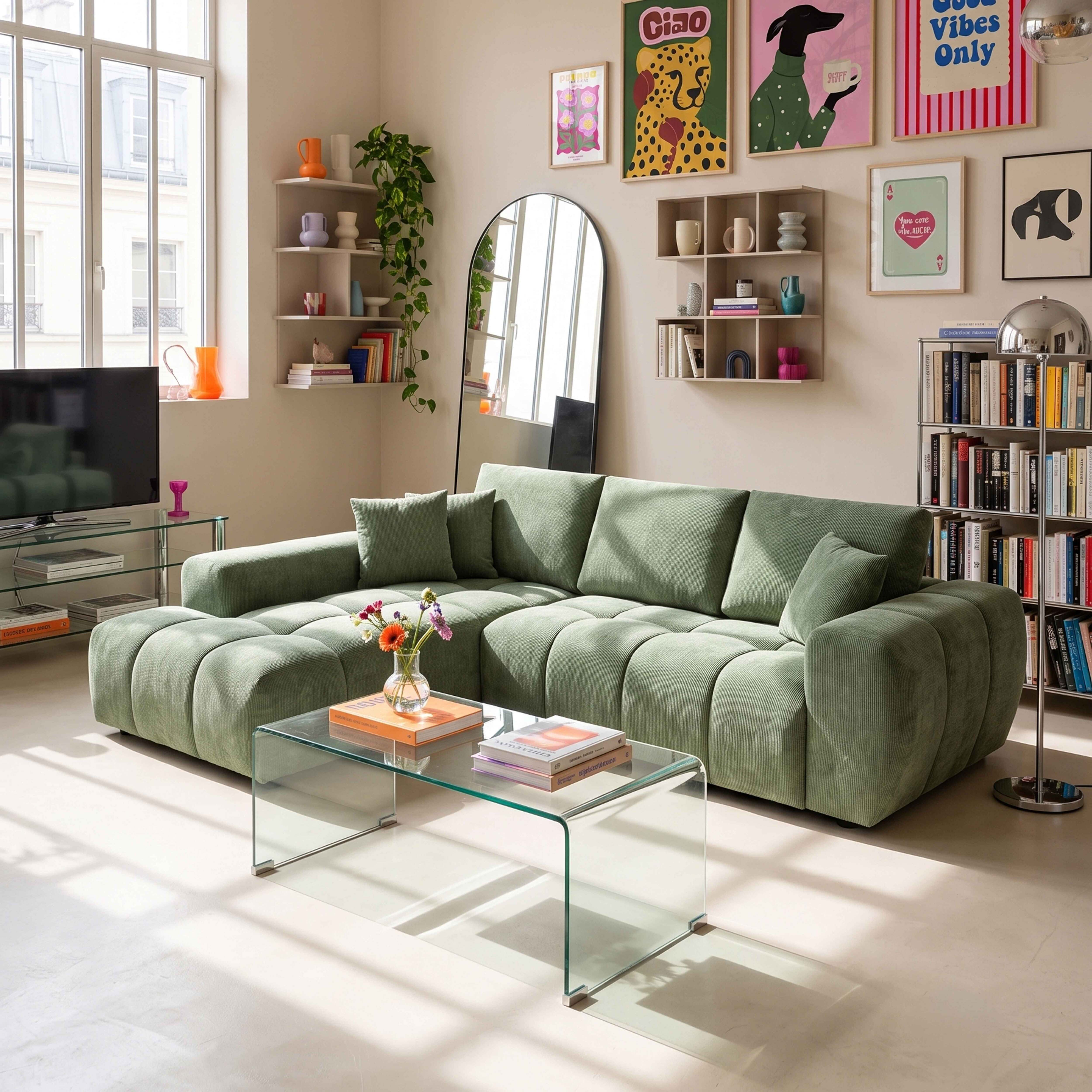 Ein gemütliches Wohnzimmer mit grünem Cordsofa, Glastisch, Regalen mit Dekoration, Bücherregal und farbenfrohen Postern an der Wand.